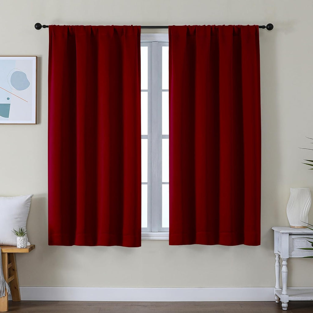 Simplebrand Ava Red Short Blackout Curtains for Bedroom 54 Inches Long 2 Panels Set, Solid Thermal Insulated, Energy Saving Window Treatmen…