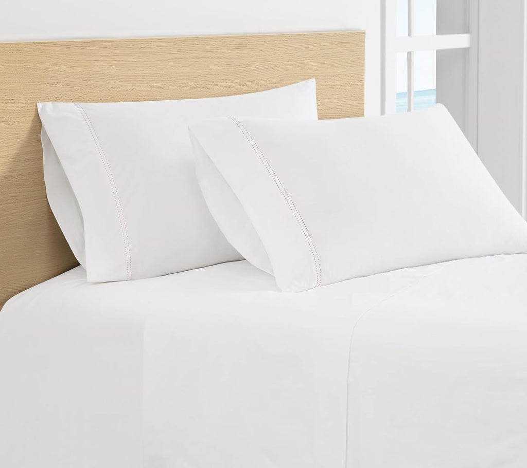 Scout 100% Cotton Percale Pick Stitch 2-Piece Standard Pillowcases in White/Pink Lemonade, Solid Color, Oeko-TEX Certified Cotton White