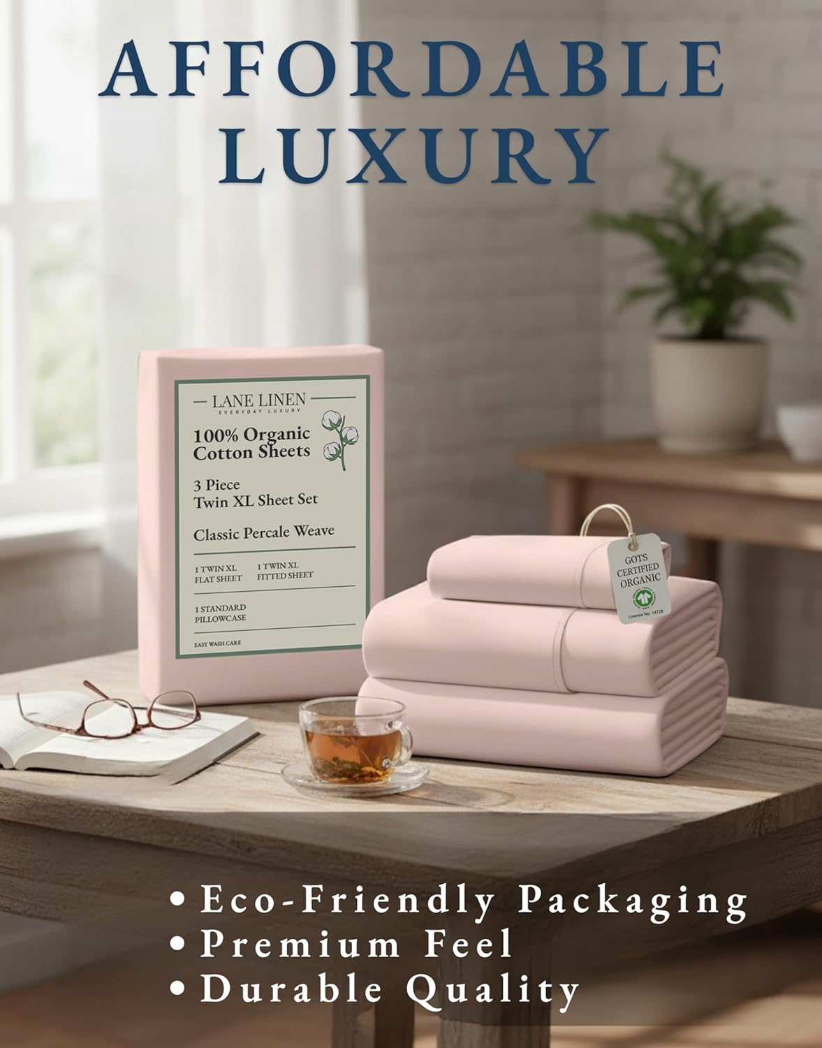 LaneLinen LANE LINEN 100% Organic Cotton Twin XL Bed Sheets Set, Machine Wash Fully Elasticized Twin XL Sheet Sets, Luxury Hotel Percale Be…