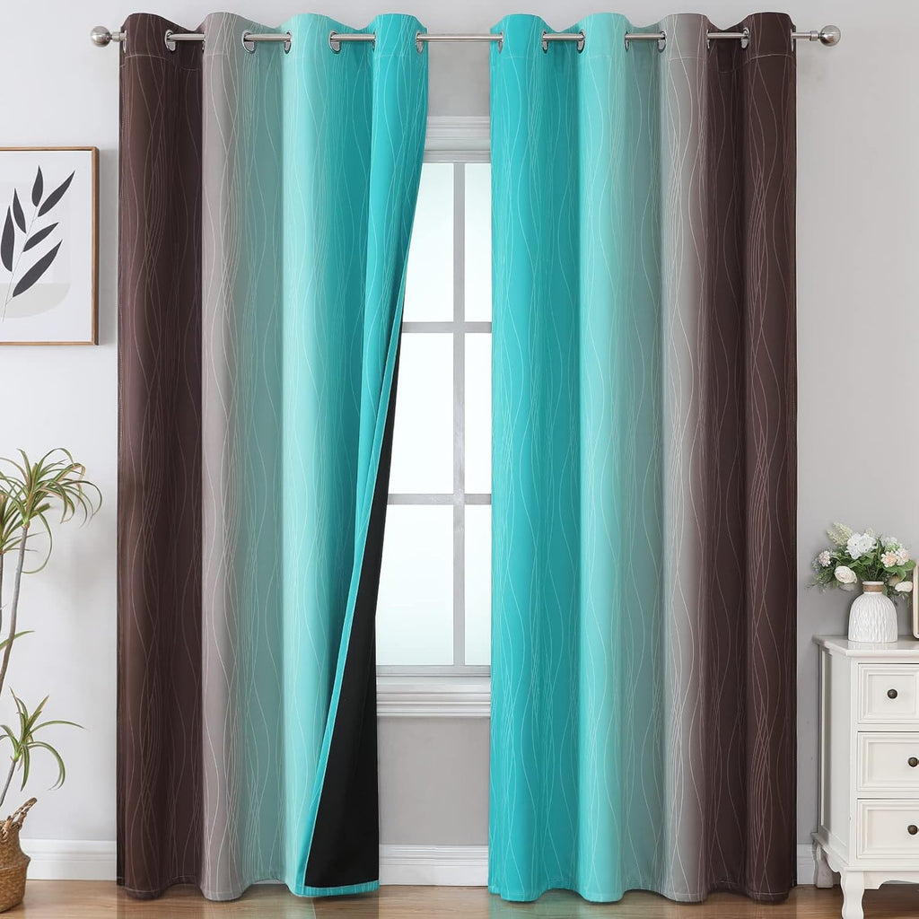Estelartextiler Estelar Textiler Full Room Darkening Gradient Blackout Curtains 96 Inch Length 2 Panels Set, Ombre Teal and Brown Thermal I…