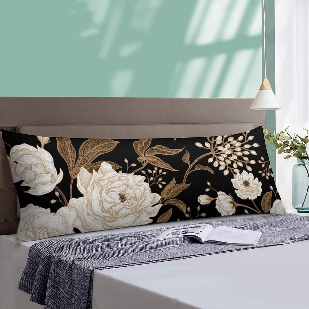 Body Pillow Cover Vintage Peony Body Pillowcase Beige Floral Leave Rustic Black Decorative Rectangle Long Pillow Cases Beige Flower…