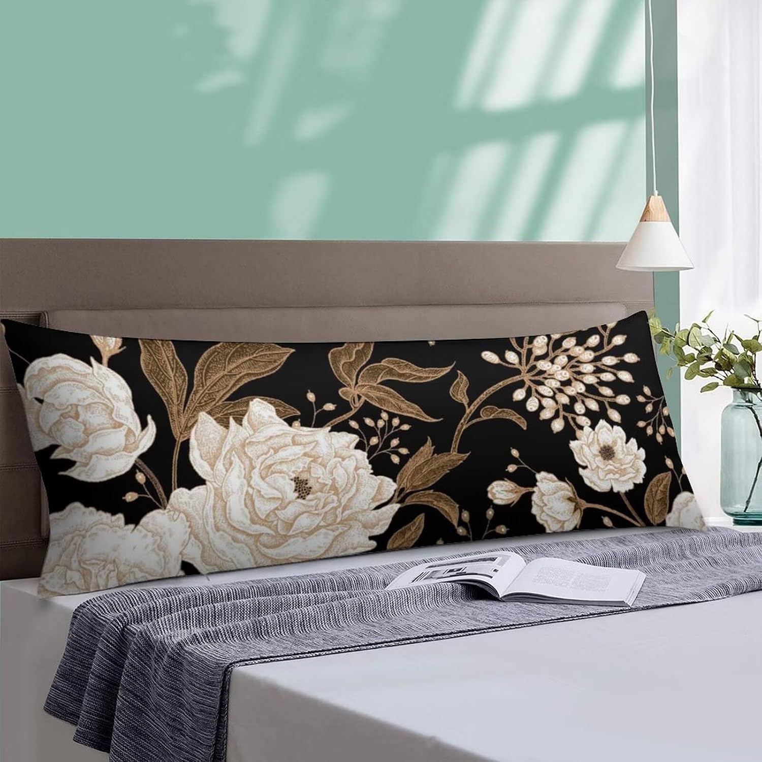 Body Pillow Cover Vintage Peony Body Pillowcase Beige Floral Leave Rustic Black Decorative Rectangle Long Pillow Cases Beige Flower…
