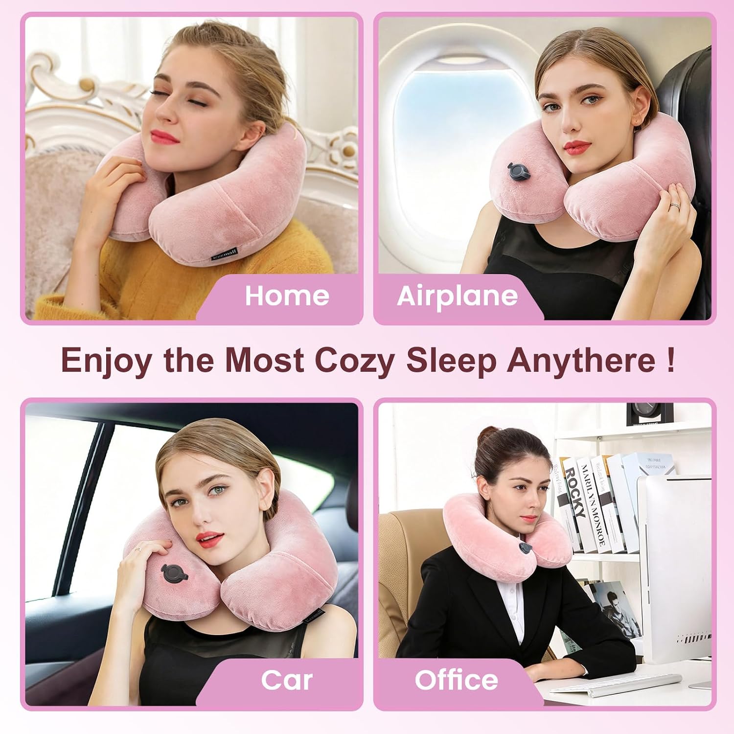 Keemall Inflatable Neck Pillow, Premium Pink U-Shaped Travel Pillow with Soft Washable Cover, Compact Portable Airplane Travel Essentials…