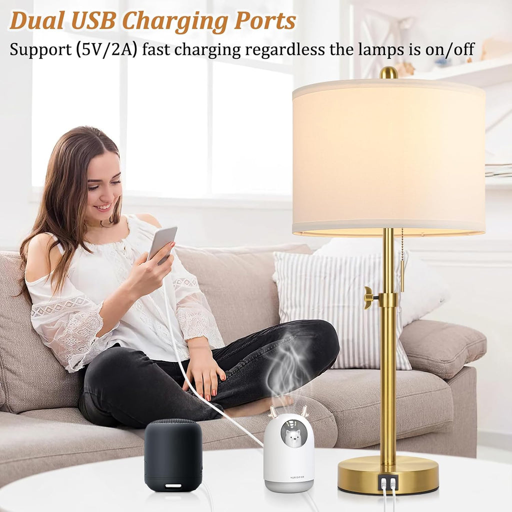 Kondras Table Lamp Set of 2, Bedside Lamp with 2 USB Ports, Gold Tall Table Lamp for Living Room End Tables, 23" to 30" Height Adjustable…