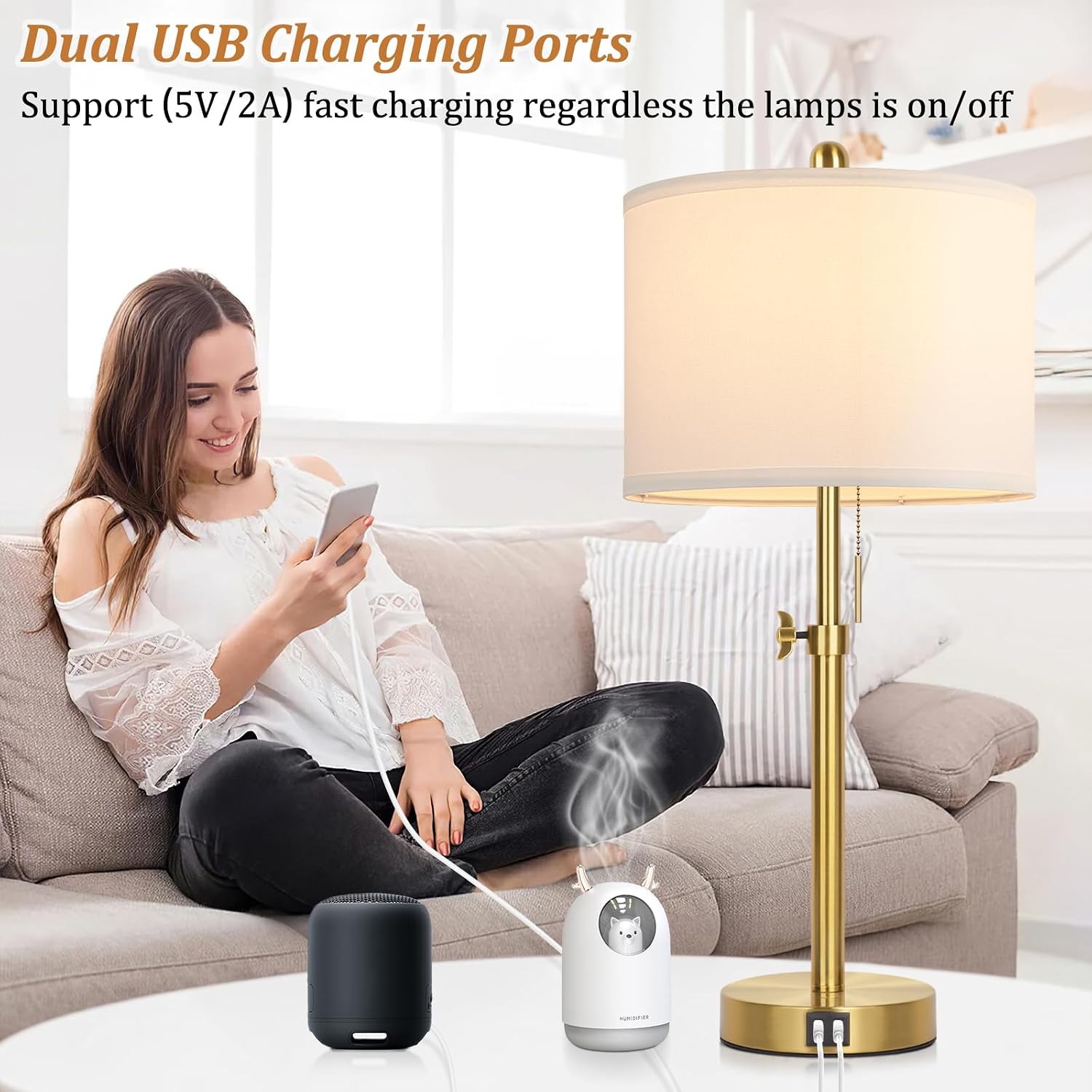 Kondras Table Lamp Set of 2, Bedside Lamp with 2 USB Ports, Gold Tall Table Lamp for Living Room End Tables, 23" to 30" Height Adjustable…