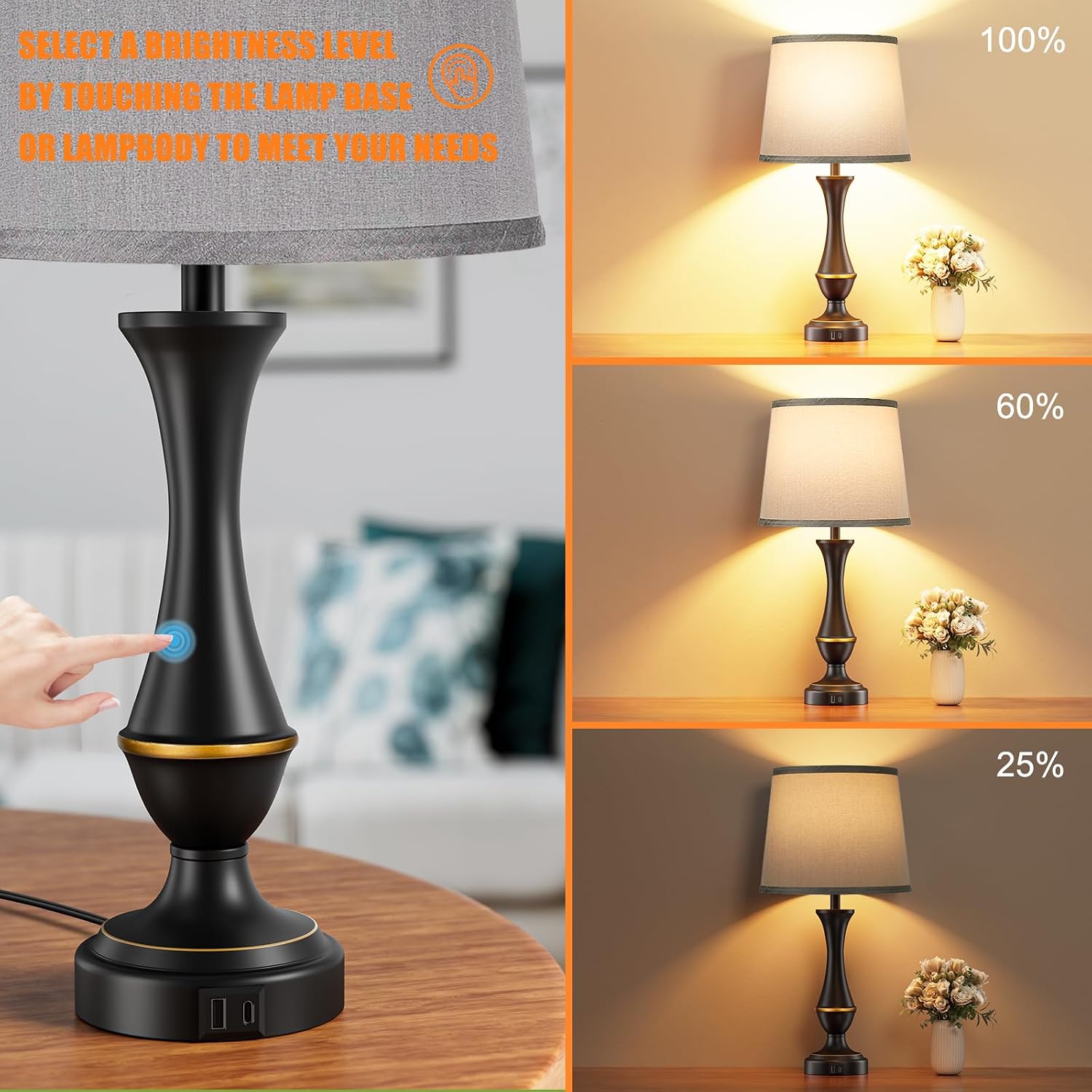 Seealle Upgraded Touch Lamps for Bedrooms Set of 2 - Nightstand Table Lamp with USB C+A, 3 Way Dimmable Lamps for Living Room(Grey)