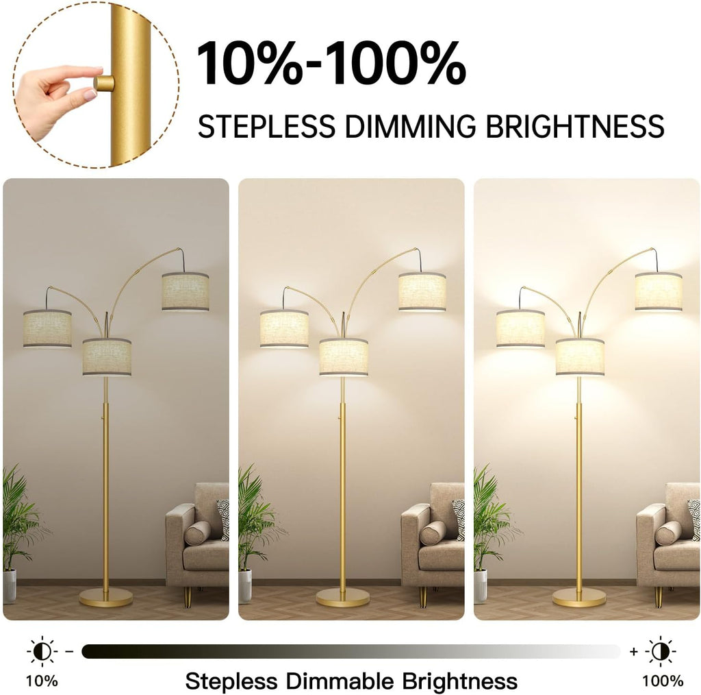 Dimmable Gold Floor Lamp, 3 Lights Arc Floor Lamps for Living Room, Modern Tall Standing Tree Lamp with White Shade & Heavy Base, Large…