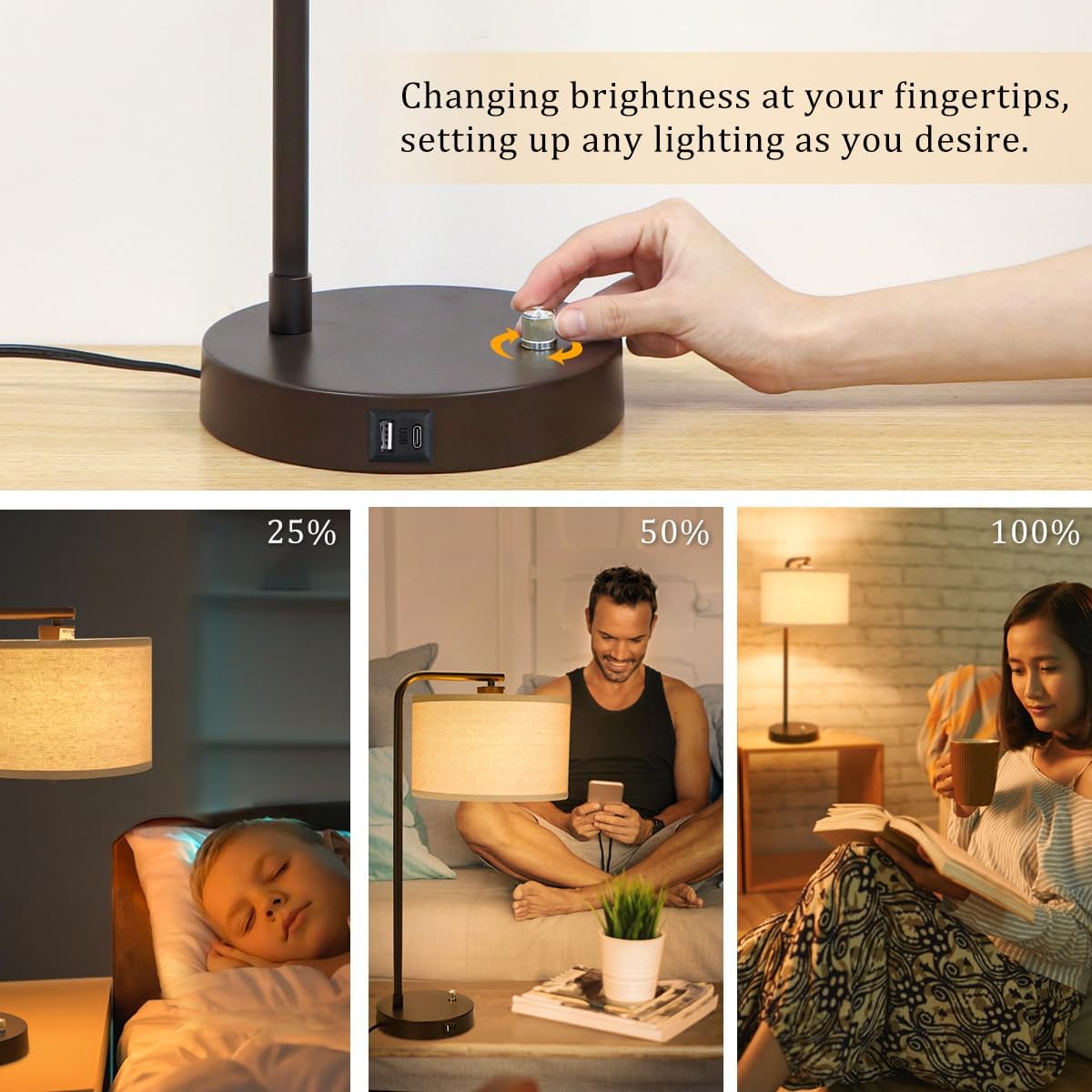 Table Lamps Set of 2, Fully Dimmable Bedside Lamp with USB C+A Charging Ports, Modern Nightstand Lamps with Linen Fabric Shades, Tall…