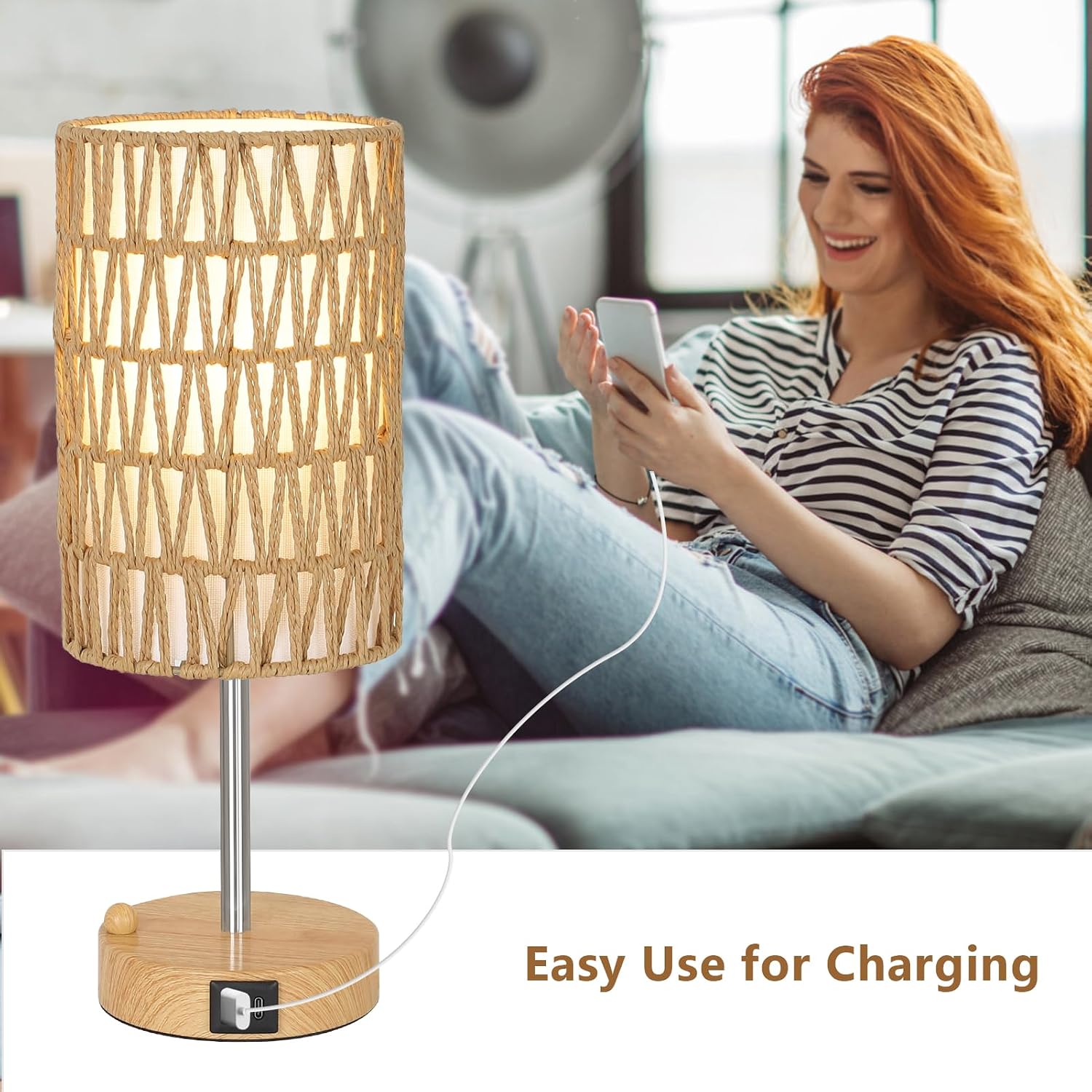Bedside Lamps Set of 2 with Bulb, Touch Control Nightstand Lamp for Bedroom with Rattan & Linen Shade, 3 Way Dimmable Small Boho Table…