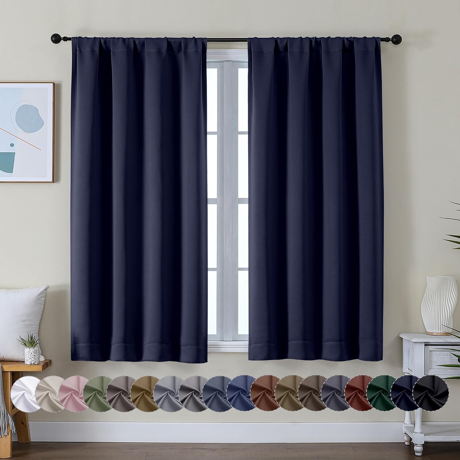 Simplebrand Ava Navy Blue Short Blackout Curtains for Bedroom 54 Inches Long 2 Panels Set, Solid Thermal Insulated, Energy Saving Window Tr…