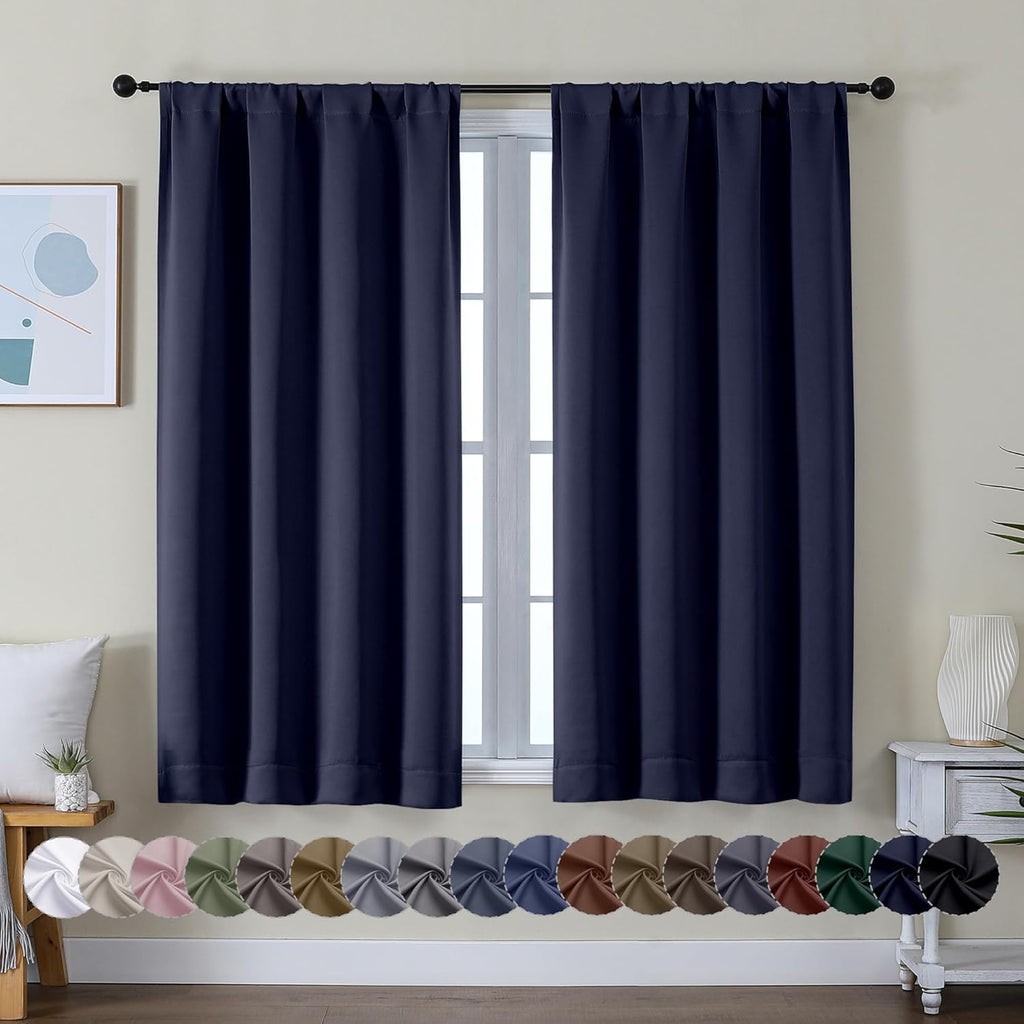 Simplebrand Ava Navy Blue Short Blackout Curtains for Bedroom 45 Inches Long 2 Panels Set, Solid Thermal Insulated, Energy Saving Window Tr…