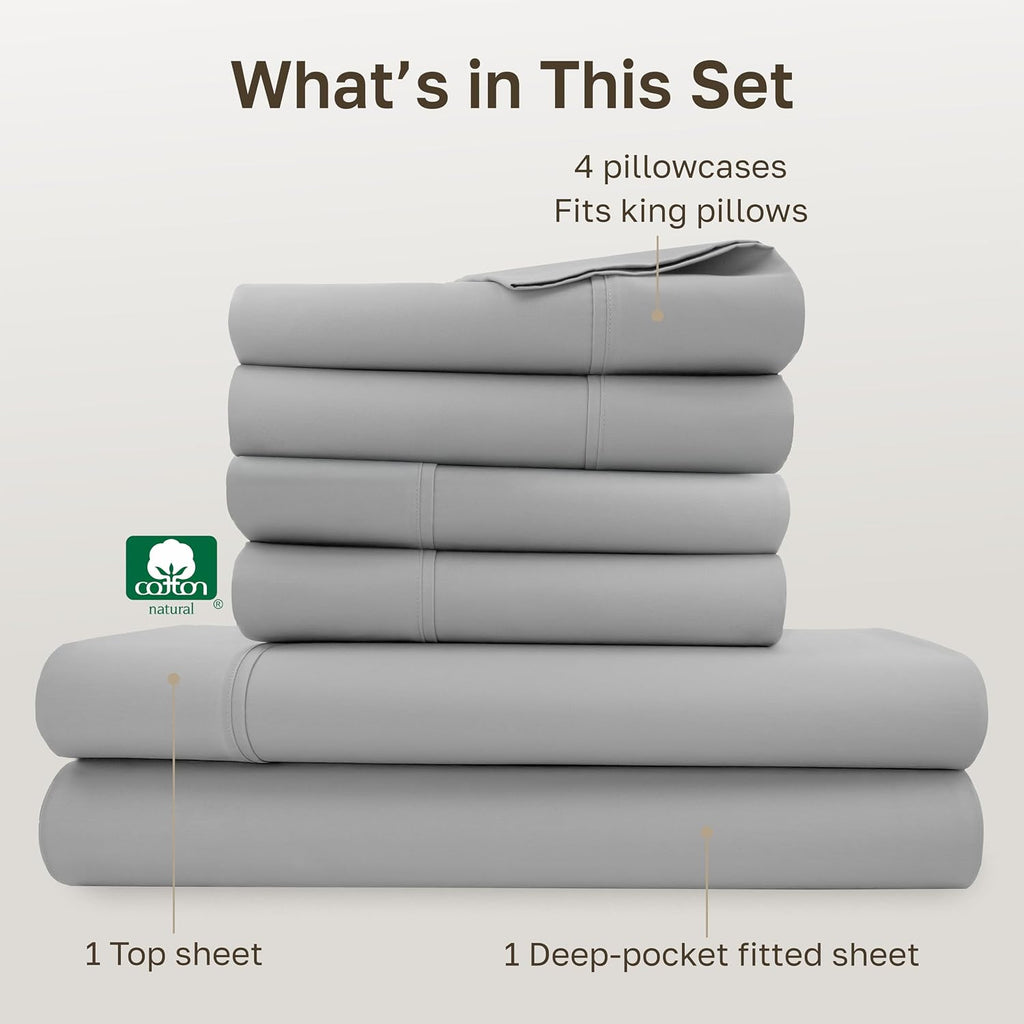 CaliforniaDesignDen California Design Den 6-Pc King Size Sheet Set with 4 Pillowcases - Soft 400 Thread Count 100% Cotton Sheets, Sateen We…