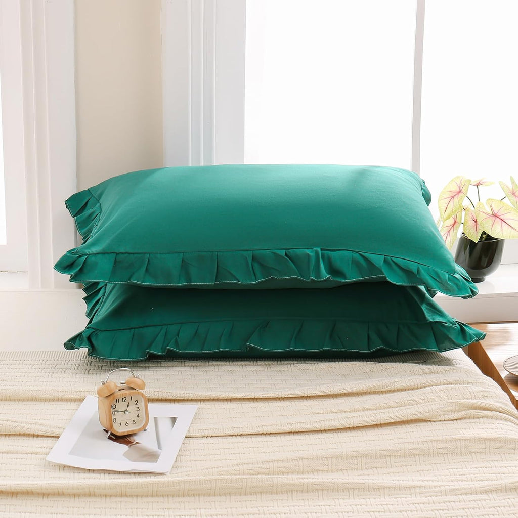 Merryword Dark Green Pillow Shams Green King Pillowcases Cute Pillow Cover Set of 2 Soft Shabby Chic Ruffled Pillowcases 2 Pack (King (20''…