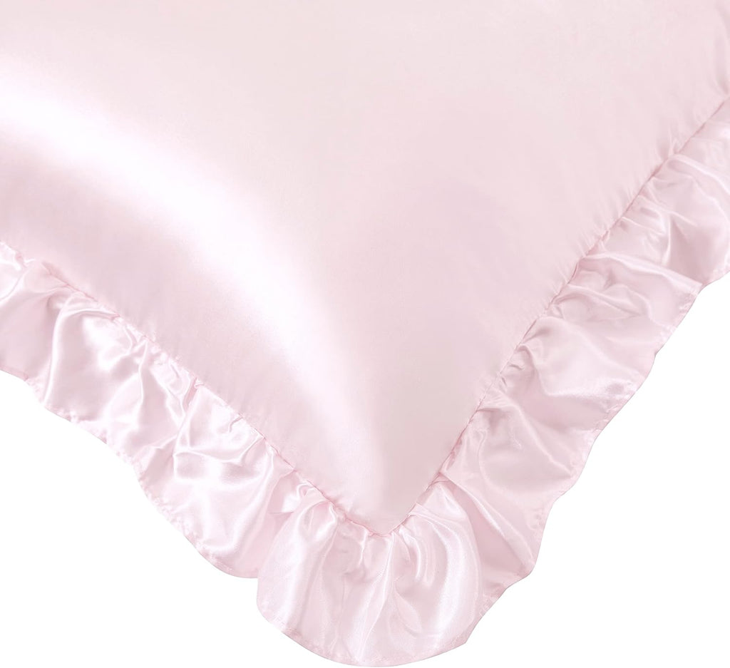 HommxJF Blush Pink Satin Ruffled Pillow Cases for Hair and Skin, Blush Pink Silk Pillowcases Standard Set of 2 with Envelope Closure Princes…