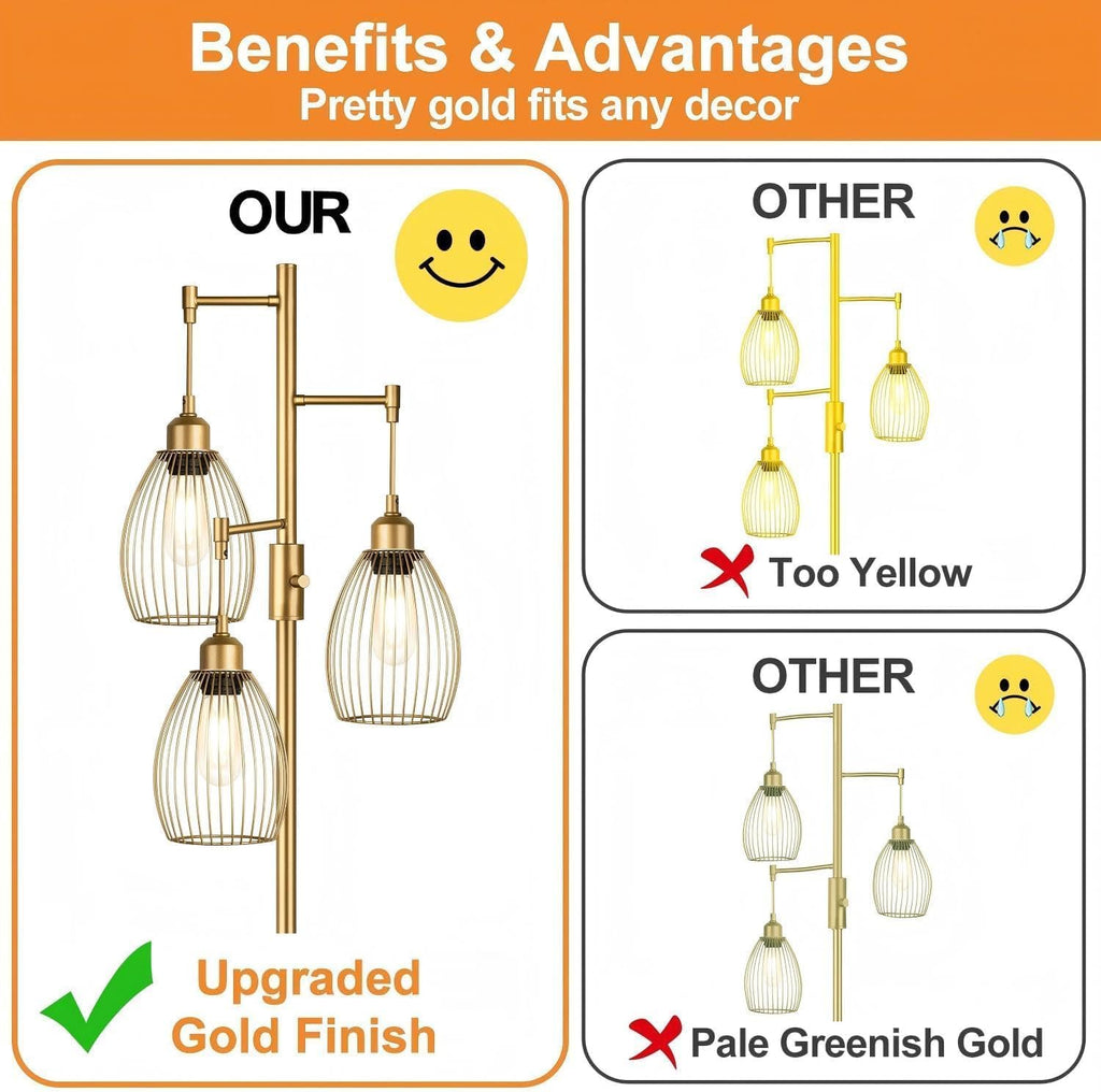 Dimmable Floor Lamp, Industrial Floor Lamps for Living Room, Gold Tree Lamp Standing Lamp Tall Lamps with 3 Elegant Teardrop Cage Head &…