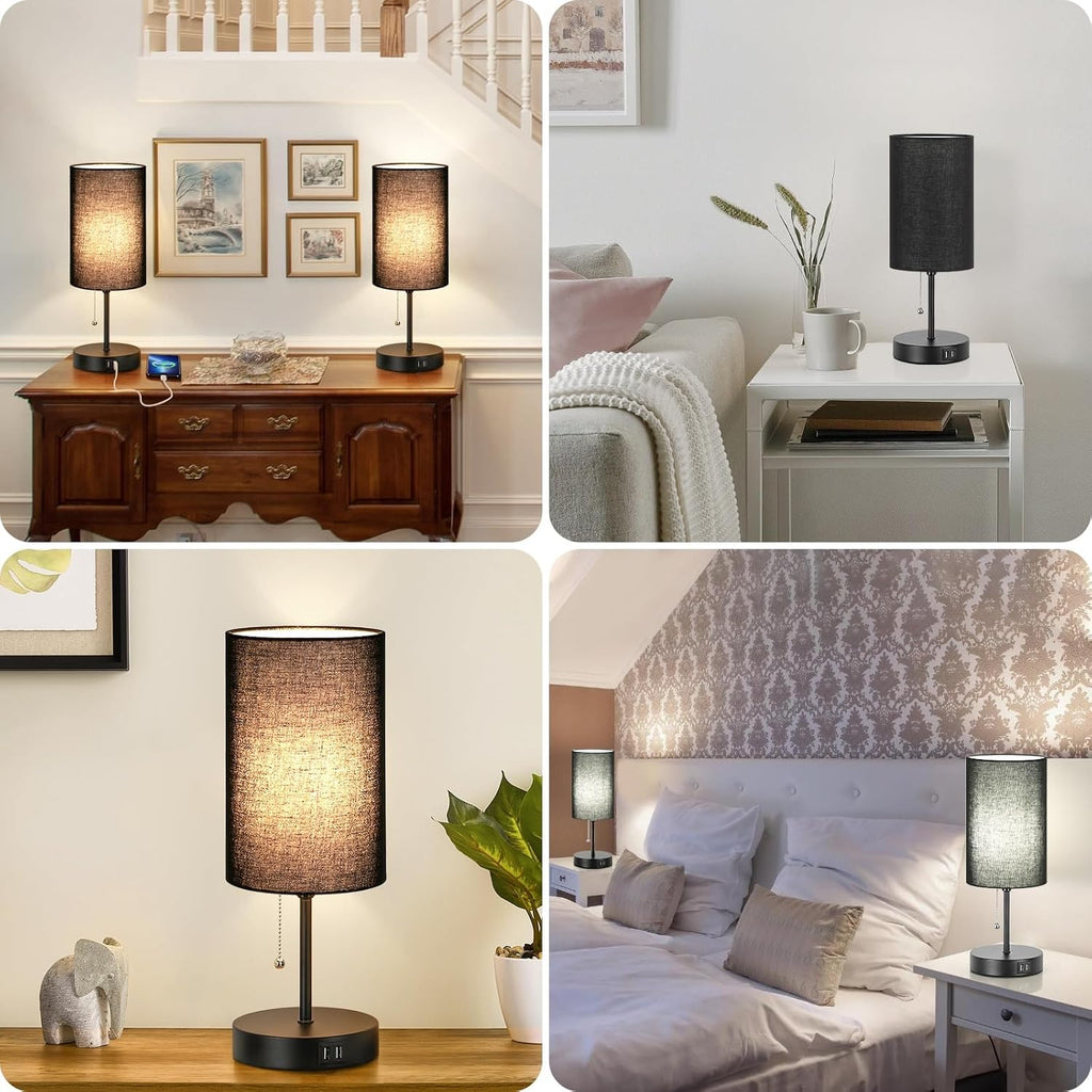 Set of 2 Table Lamps with 2 USB Ports, Bedside Lamps for Bedrooms, Modern Nightstand Lamps with Pull Chain, Minimalist Desk Lamps with…