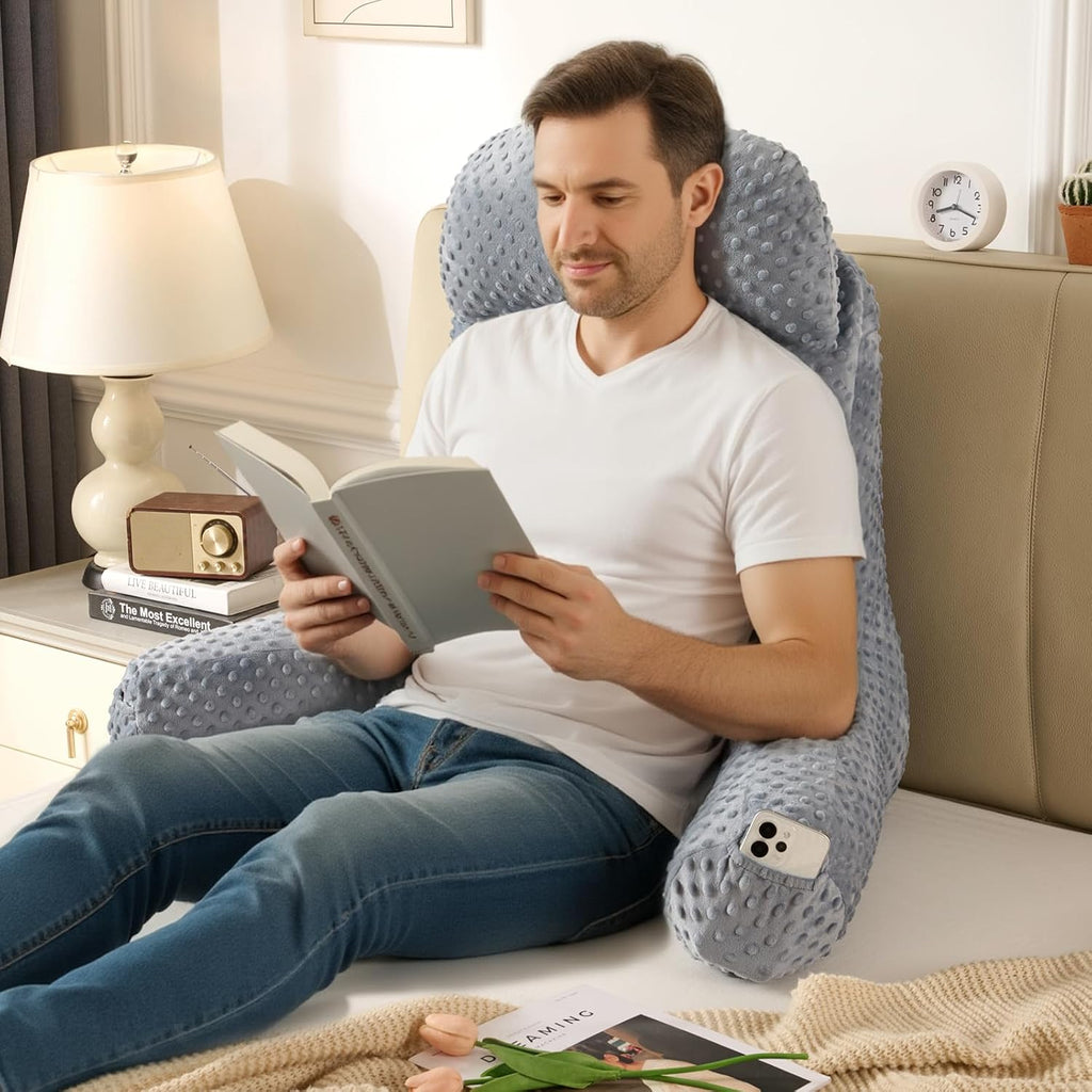 Reading Pillow for Sitting in Bed Couch Adult, Back Pillow for Bed Sitting Up, Back-Rest Support Cushion with Pockets and Arms, Watching…