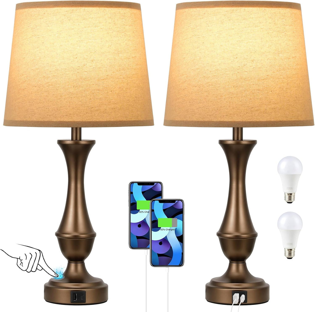 Seealle Upgraded Touch Lamps for Night Stands Set of 2 - Bedside Lamps with USB C+A, 3 Way Dimmable for Bedroom Living Room End Tables…