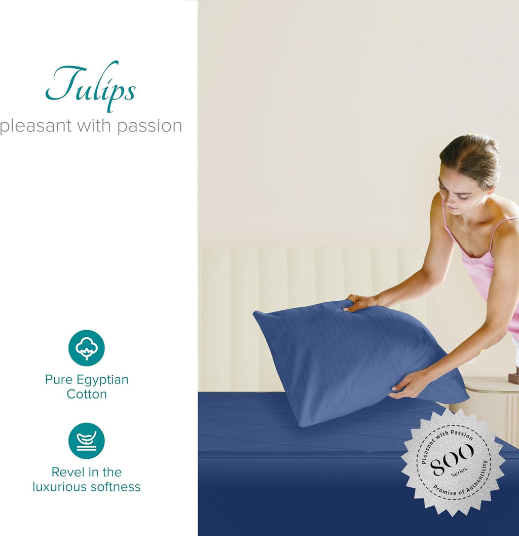 Carressa Linen Luxury Egyptian Cotton King Pillow Cases Set of 2-800 Series Tulips Collection Pillowcases for Sleeping (Deep Blue), Soft…