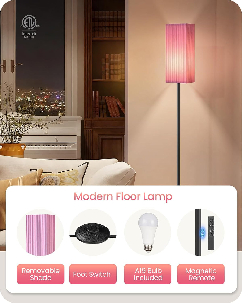 64.2” Dimmable Floor Lamp for Living Room with Remote and Foot Switch, Corner Floor Lamp for Bedroom, Includes 10W A19 Bulb, Modern…