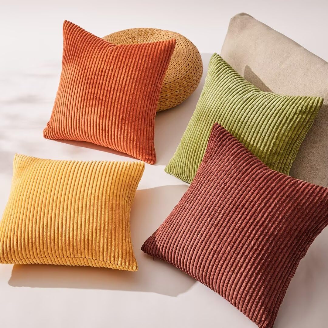 Topfinel Fall 20x20 Set of 4 Couch Decorative Pillow Covers, Modern Burnt Orange Yellow Green Gradient Corduroy Throws Pillow Case, Rustic We…