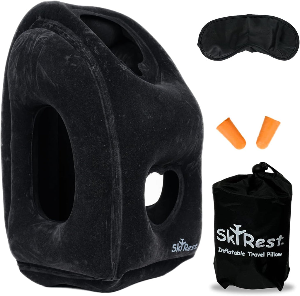 Inflatable Travel Pillow - Airplane Pillow for Neck Support on Long Flights, Buses, Cars, Office & Trains - Comes with Eye Mask, Earplugs…