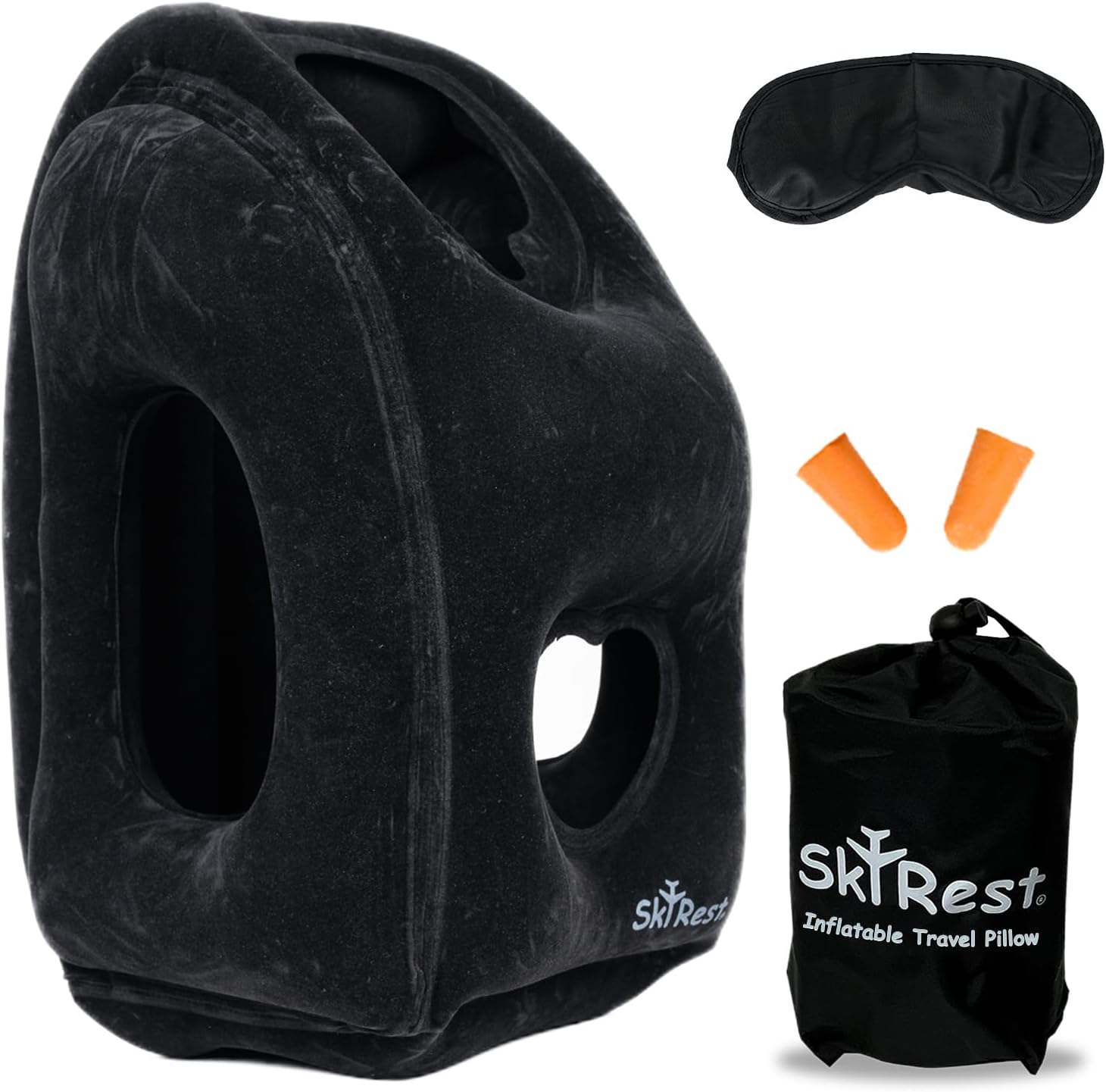 Inflatable Travel Pillow - Airplane Pillow for Neck Support on Long Flights, Buses, Cars, Office & Trains - Comes with Eye Mask, Earplugs…