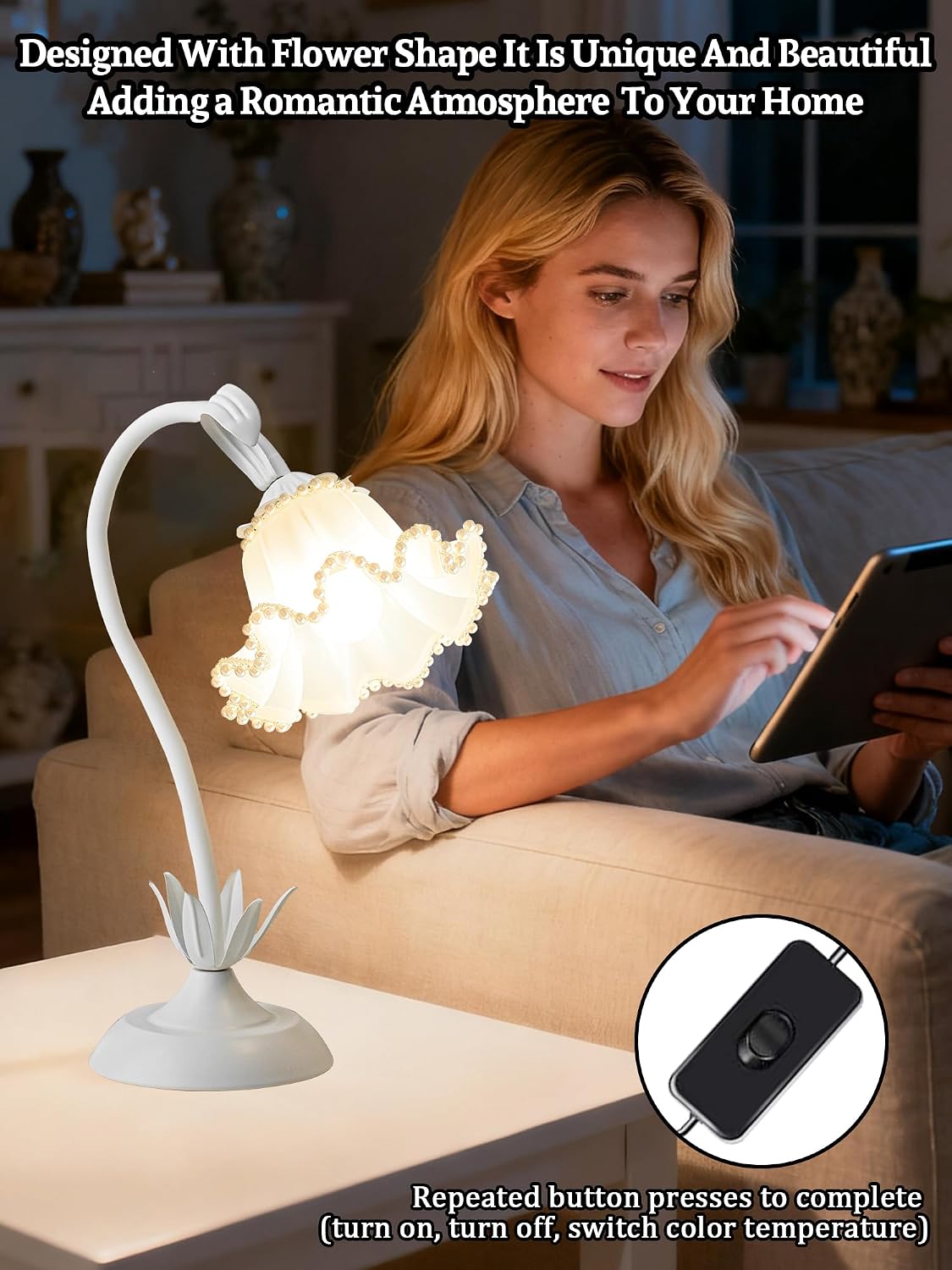 Flower Table Lamp Bedside Lamps LED Reading Light,3 Color Modes Cute Small Lamp, Vintage Flower Lamp Kawaii Table Lamp for Bedroom Living…