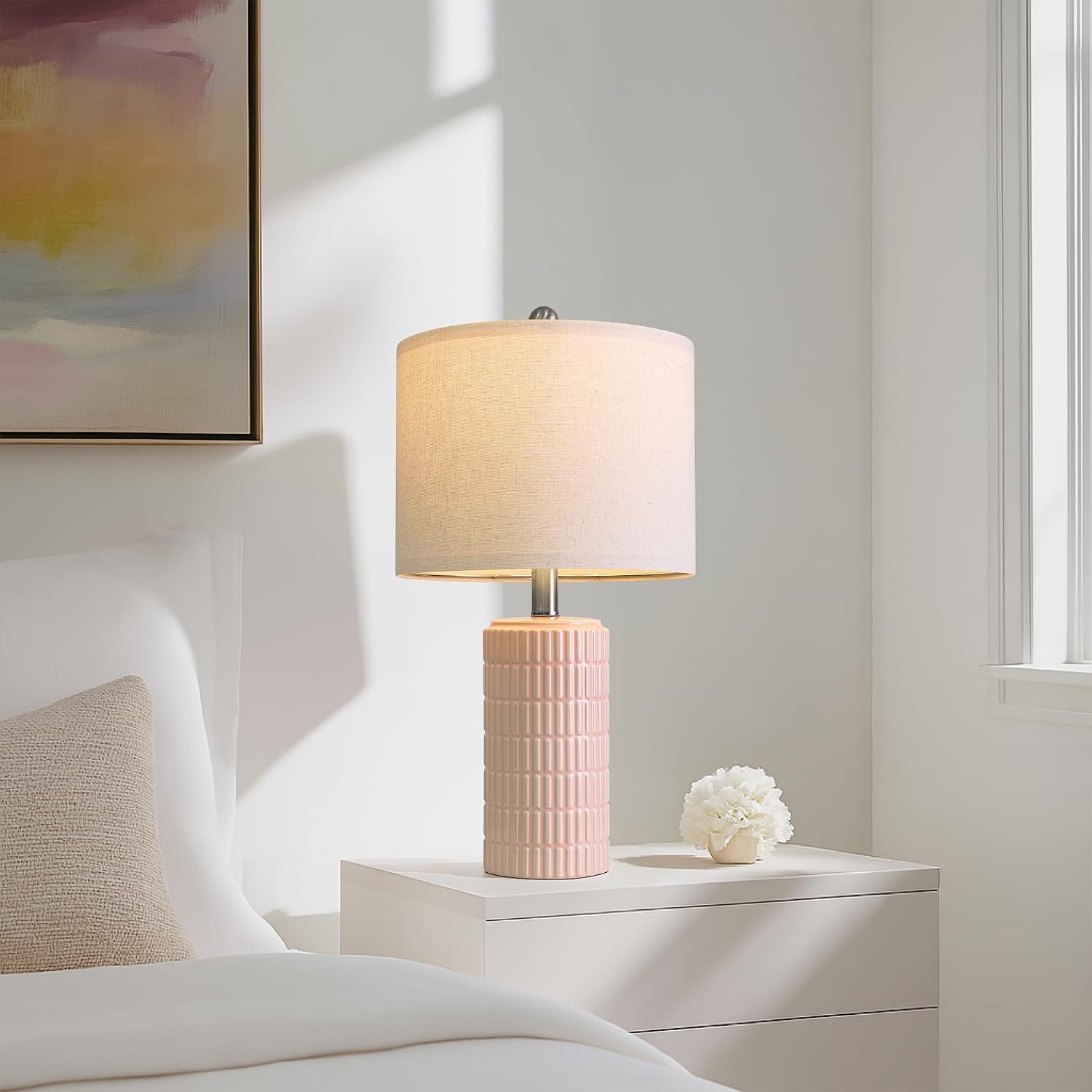 PoKat 20.75" Pink Ceramic Table Lamps Set of 2, Small Modern Bedroom Lamps for Girls Room, Bedside Lamps for Night Stands, Cute Lamps for…