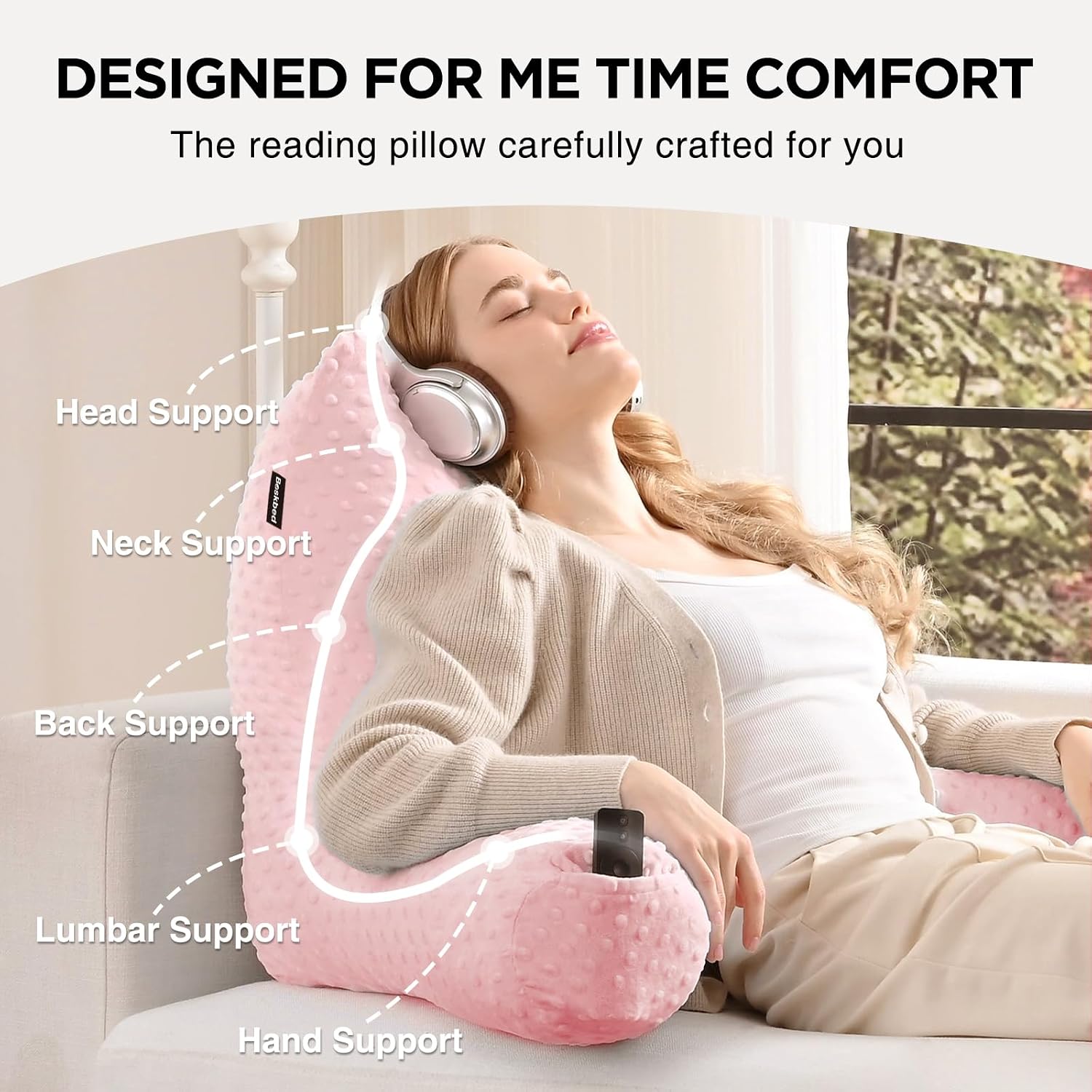 Reading Pillow for Kids Sitting in Bed Couch Adult, Back Pillow for Bed Sitting Up, Back-Rest Support Cushion with Pockets and Arms…
