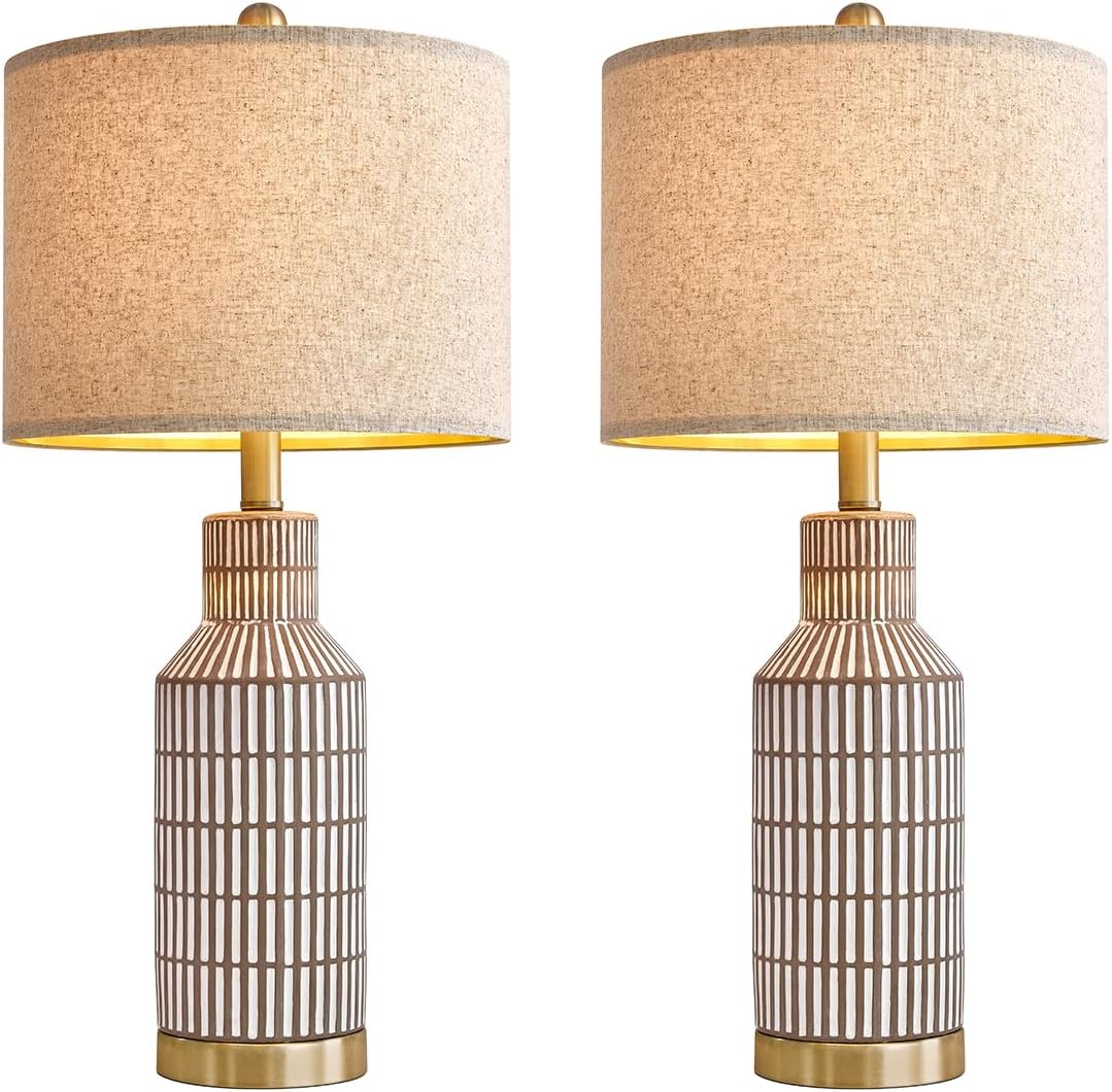 USumkky 25" Table Lamps Set of 2, Modern Ceramic Bedside Lamps - Farmhouse Brown Nightstand Lamps for Bedroom, Boho Living Room End Table…