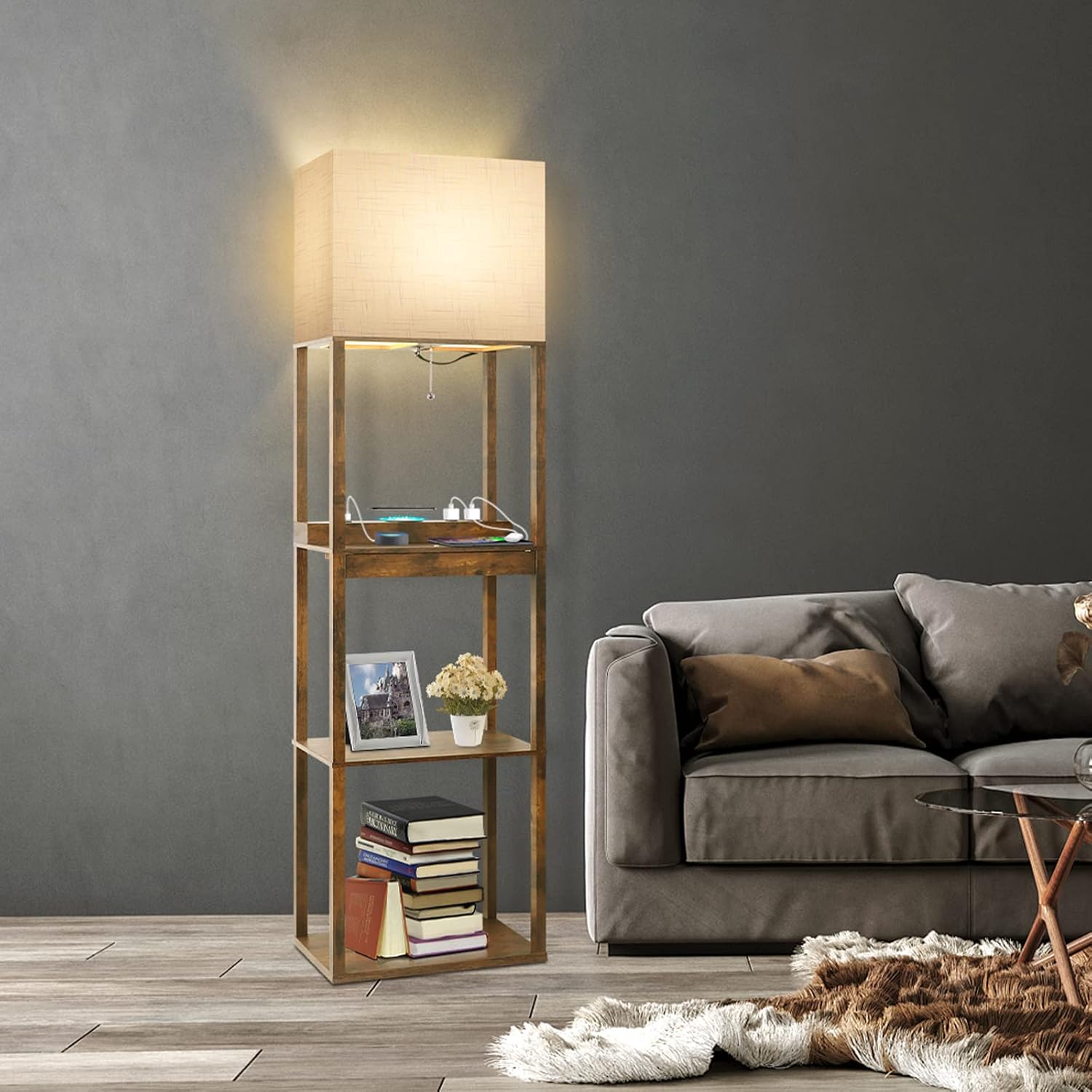 RUNTOP Floor Lamp with Shelves, Plus Shelf Lamp with Wireless Charger, 2 USB Port and Outlet, 1 Drawer, 15W LED Bulb, 3 Colors, Memory…