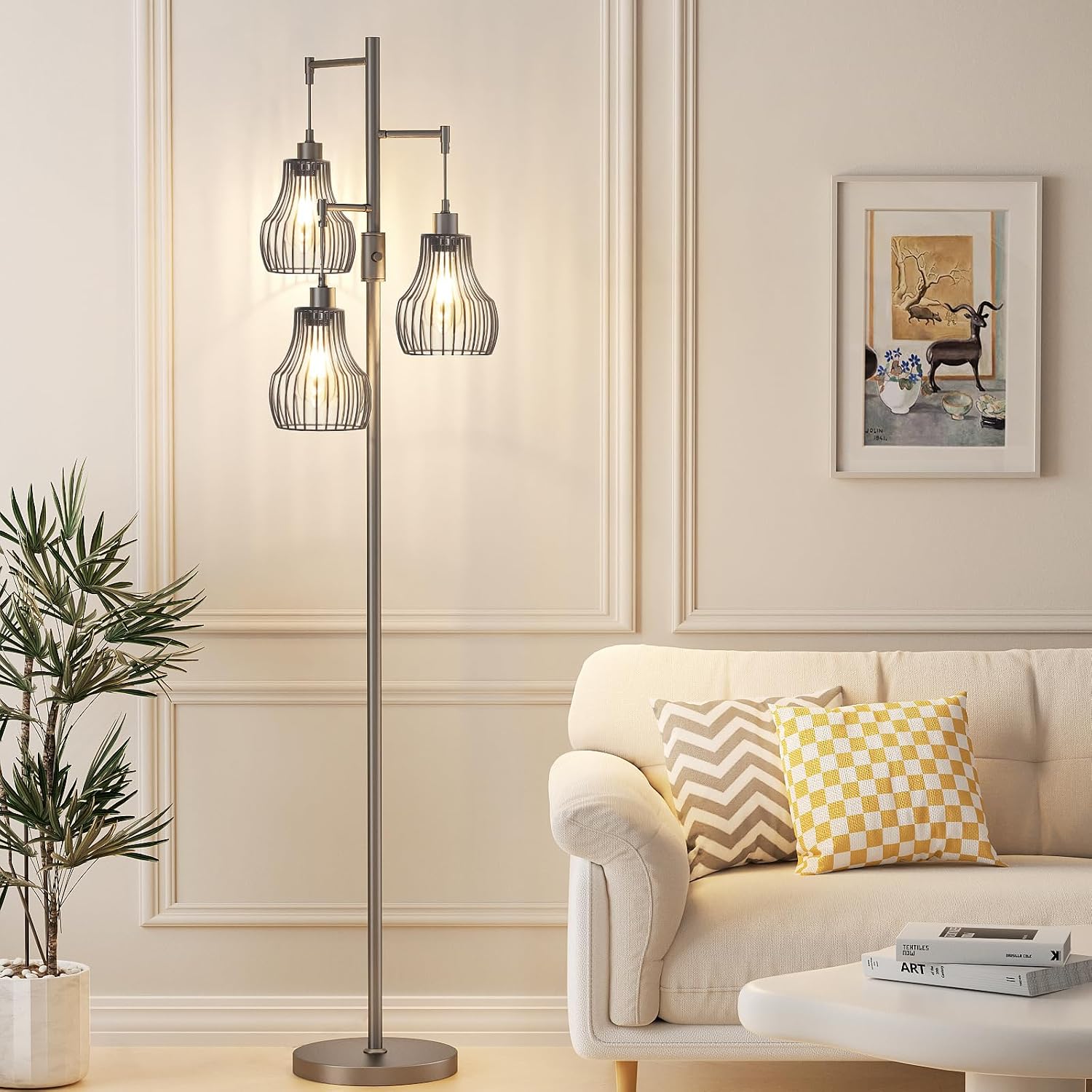 Ziisee Dimmable Floor Lamps for Living Room, Industrial Tree Standing Tall Lamps with 3 Elegant Cage Shade for Bedroom Office - Grey