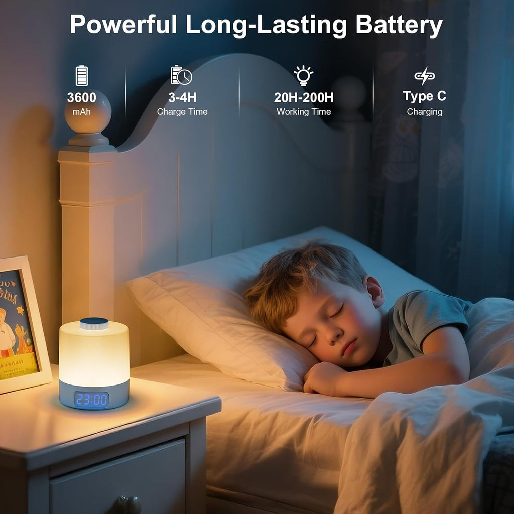 Wobane Night Light for Kids, 3 Colors Dimmable Baby LED Lighting, 3600mAh Battery Rechargeable with Clock, Portable Bedside Lamp for Nurser…