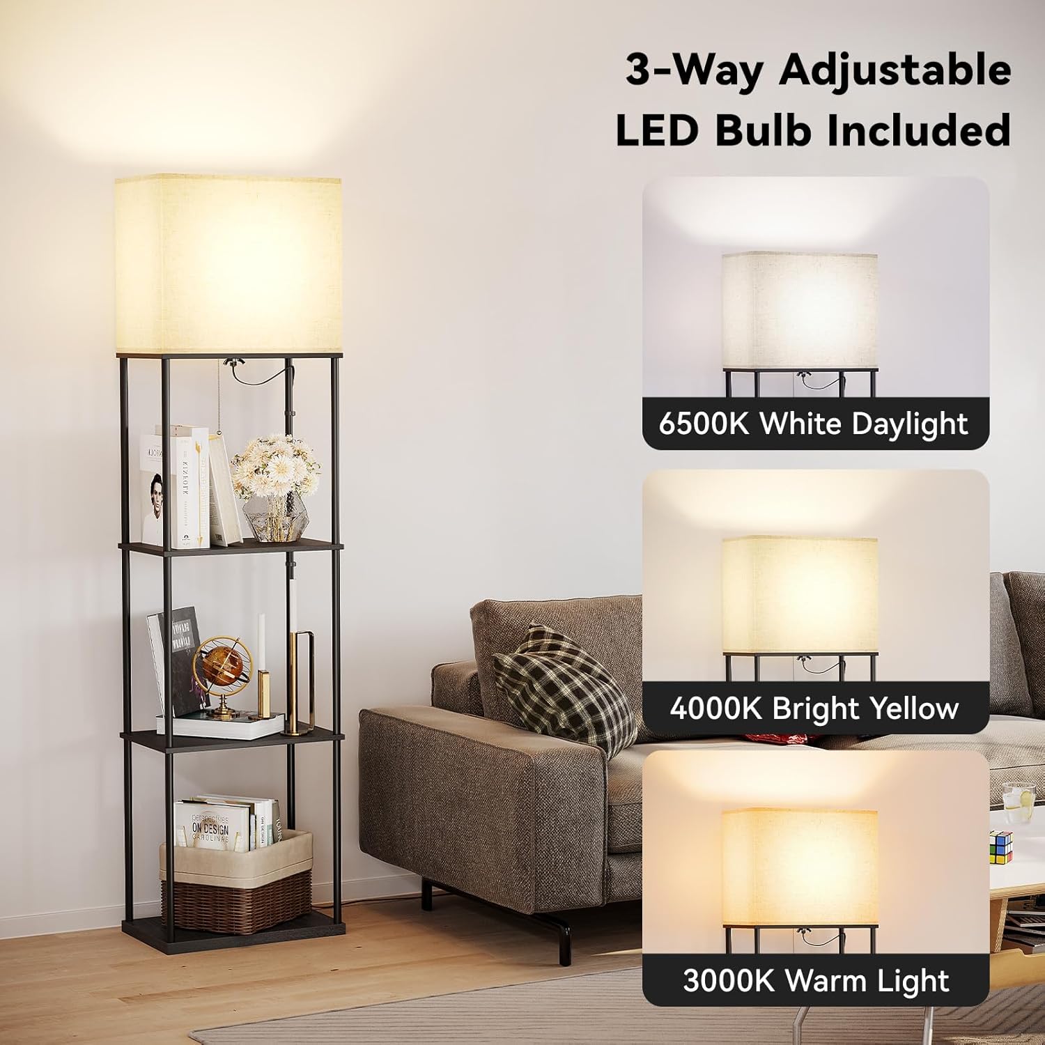 SUNMORY Large Size Floor Lamp with Shelves, 4-Tier Modern Standing Lamp with 3 Color Temperature Bulb, Tall Floor Lamp with Shelf, Corner…