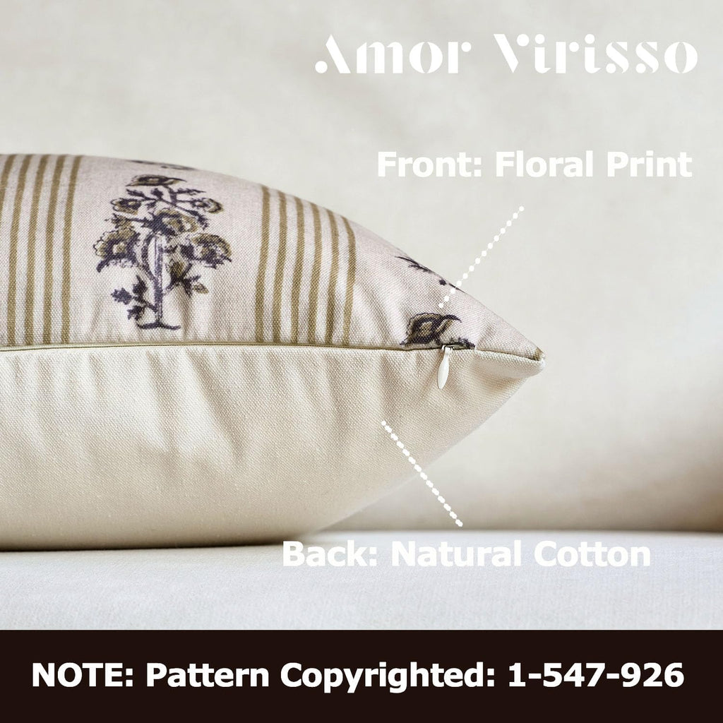 AffordableFloralPrintMaker Amor Virisso Floral Throw Pillow Covers 20x20 Set of 2 Block Print Pillow Covers Neutral Floral Striped Farmhous…
