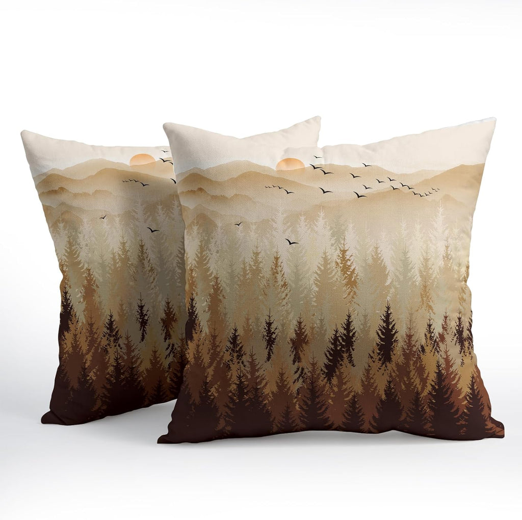 Fall Misty Forest Throw Pillow Covers 20x20 Inch Set of 2 Brown Mountain Woodland Decorative Pillow Cases Nature Pine Trees Farmhouse…