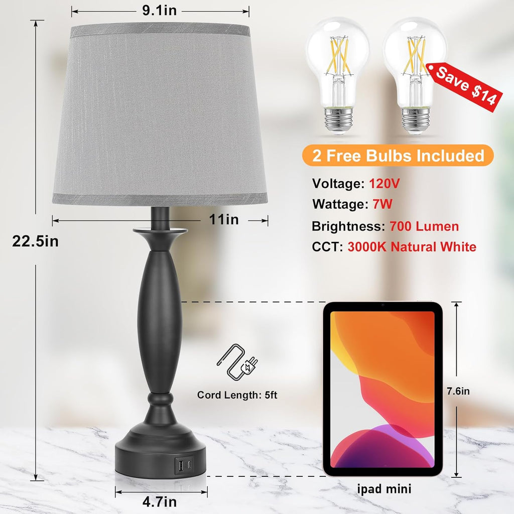 Seealle Grey Lamps for Bedrooms Set of 2 - Touch Control Bedside Lamp with USB C+A, 3 Way Dimmable Nightstand Lamps with USB Port, Table…