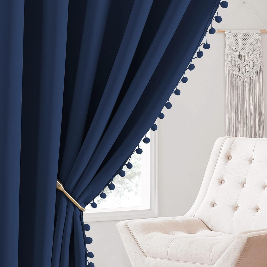 NICETOWN Navy Blue Blackout Curtains with Pompoms, Farmhouse Solid Privacy Window Curtains & Drapes Rod Pocket Curtain Shades for Living…