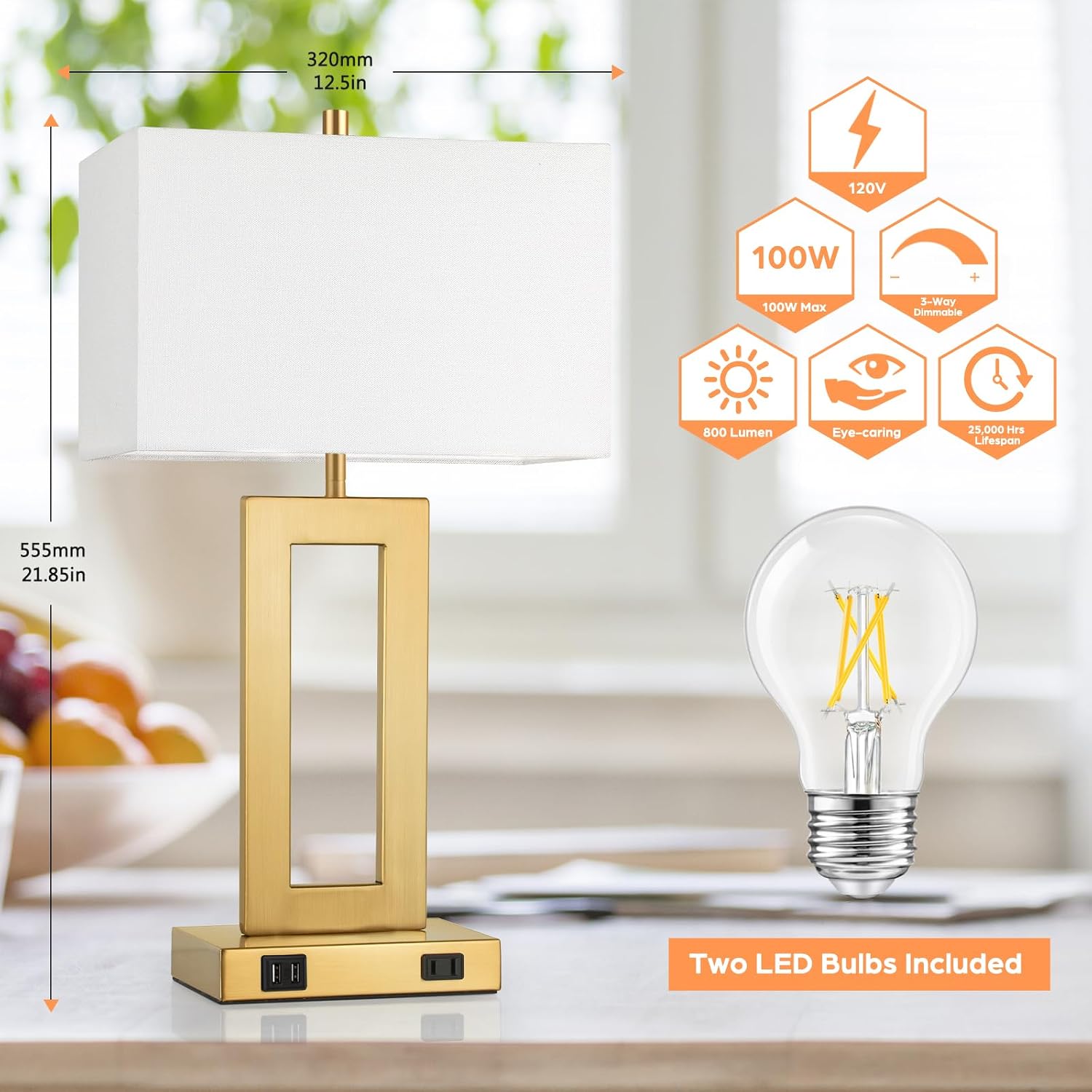 Tobusa 22’’ Table Lamps for Bedrooms Set of 2, Gold Bedside USB Desk Lamp with AC Outlet, Touch Control Modern Vintage Living Room Table La…
