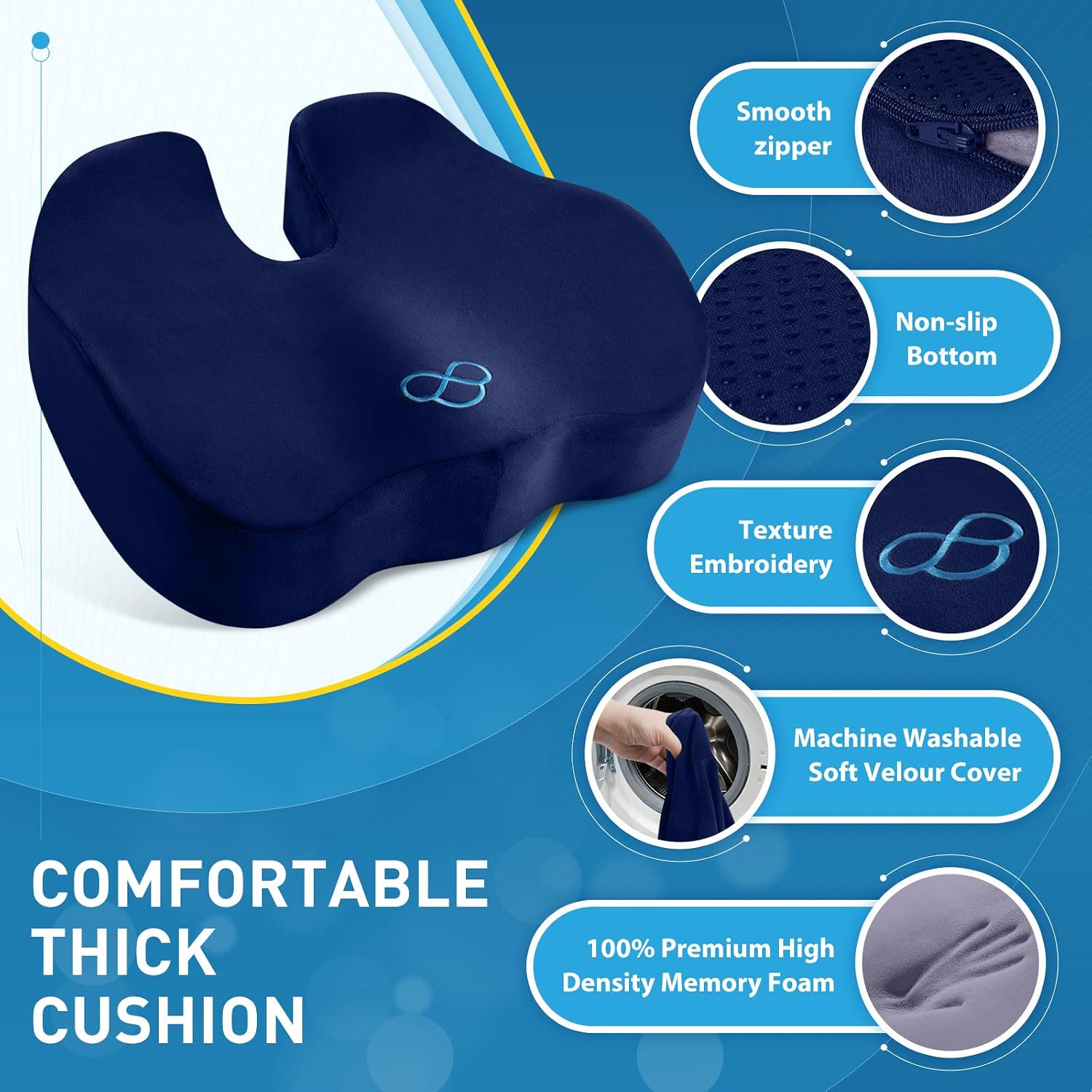 BlissTrends Seat Cushion,5.2in Thick Memory Foam Cushions for Office Chair, Car Seat, Airplane, Relieving Pressure Tailbone Sciatica Back P…