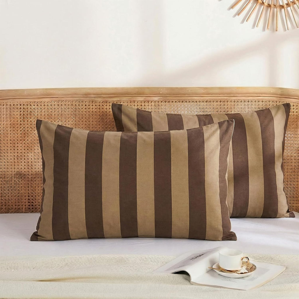 Merryword King Size Pillowcases, 100% Cotton Pillow Cases, Brown and Khaki Striped Pillowcases, Soft Breathable Wide Stripes Pillow Covers,…