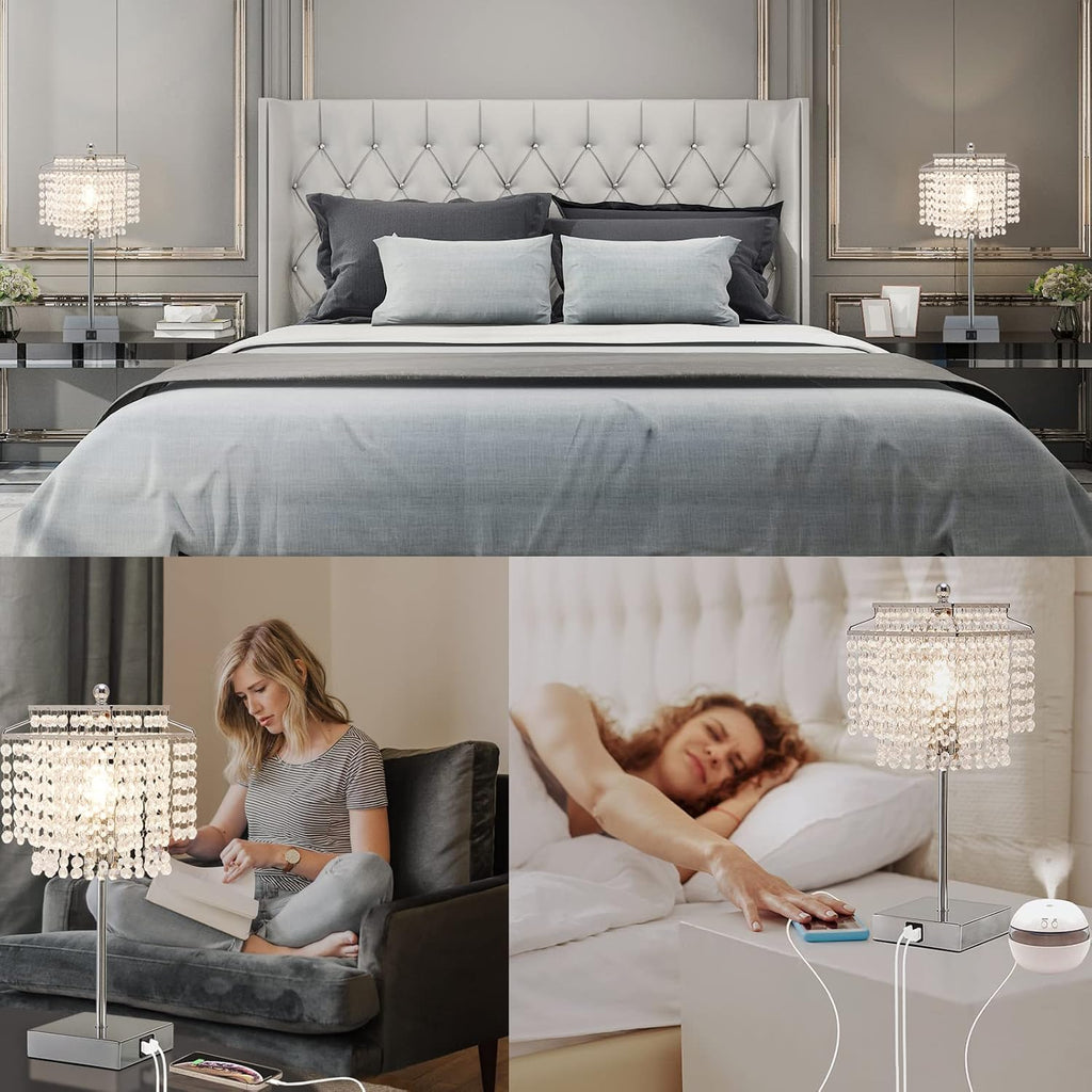 Luvkczc Crystal Table Lamp with Touch Control Set of 2, USB Bedside Table Lamp with USB C+A Ports, Dimmable Lamp with Crystal Shade for…