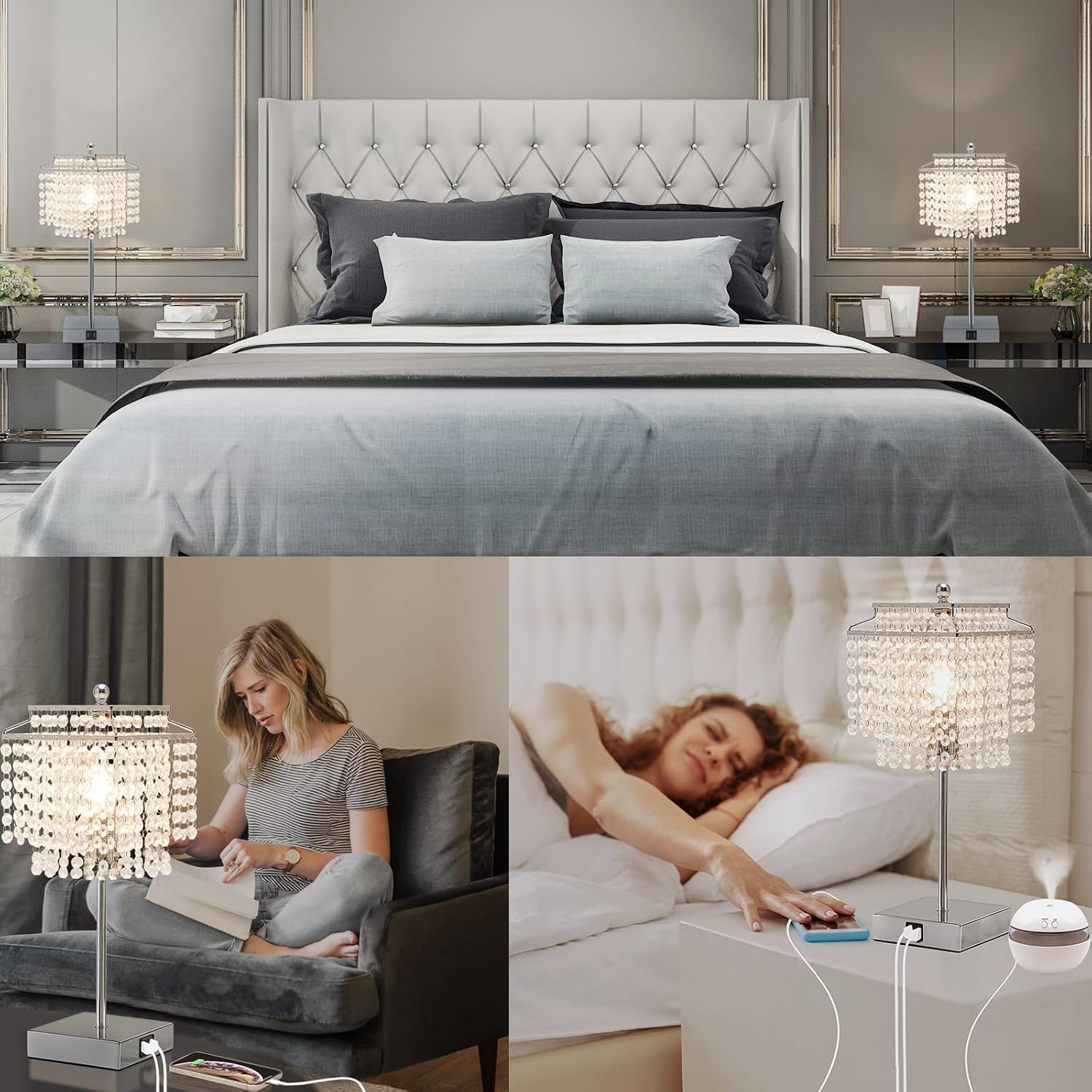 Luvkczc Crystal Table Lamp with Touch Control Set of 2, USB Bedside Table Lamp with USB C+A Ports, Dimmable Lamp with Crystal Shade for…