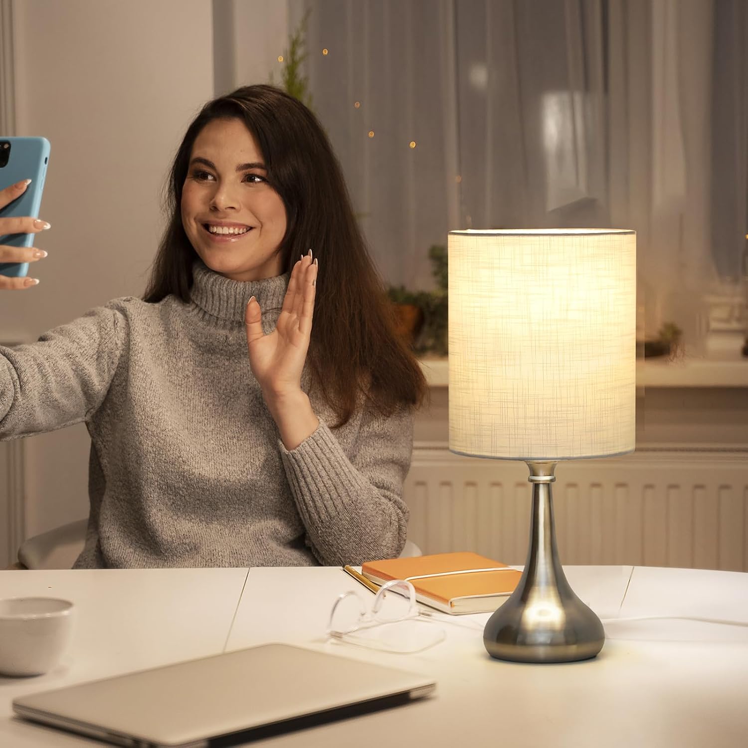 Touch Control Table Lamp, 3 Way Dimmable Simple Night Light Lamp with White Lampshade Silver Metal Base, Small Bedside Table Lamp for…