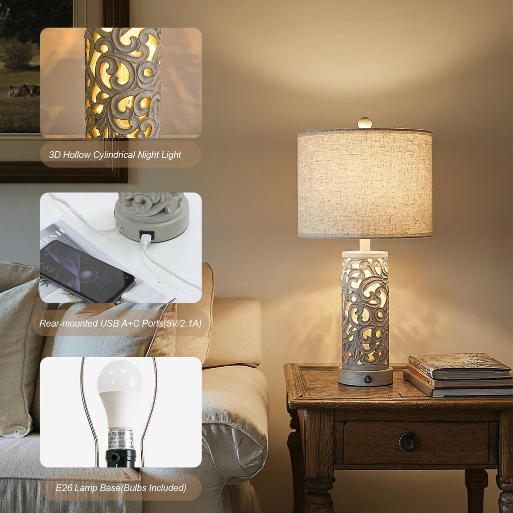 OYEARS Bedside Table Lamps Set of 2 with USB & Night Light, 22'' Farmhouse Bedroom Lamps for Nightstand, Vintage Table Lamps for Bedroom…