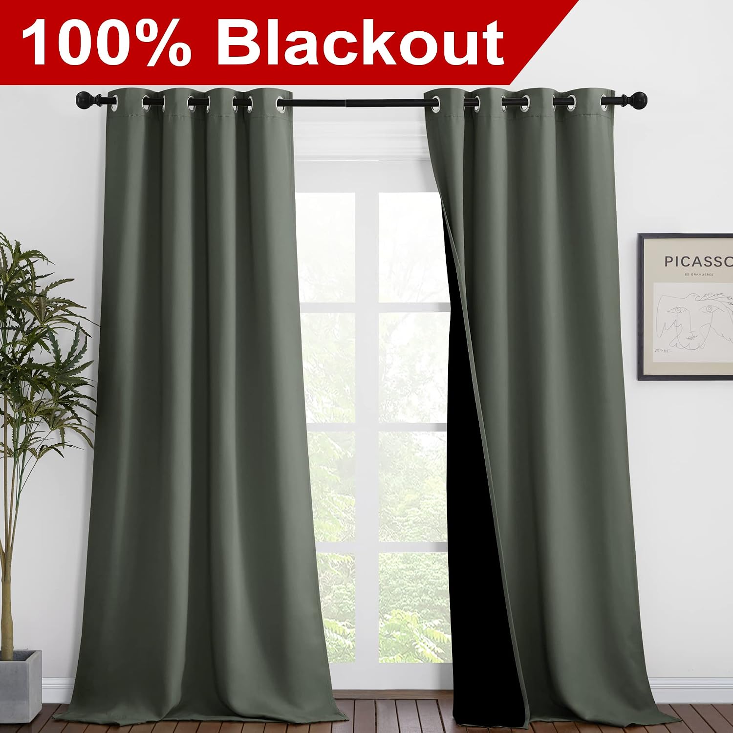 Nicetown Dark Mallard Blackout Curtains 90 inches Long, Full Light Blocking Drapes with Black Liner for Nursery, Thermal Insulated Draperie…