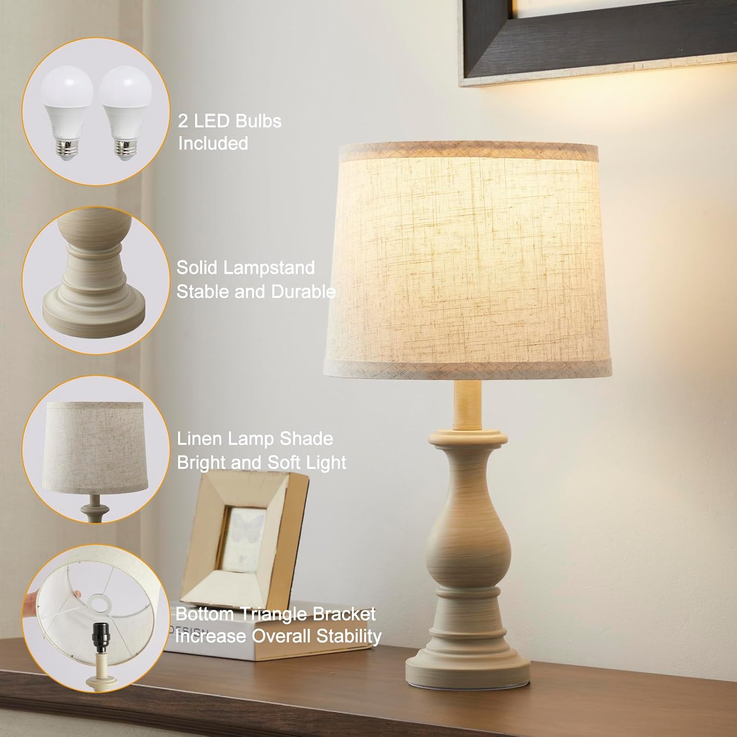 Vintage Table Lamp for Living Room Bedroom, 18.5" Farmhouse Bedside Lamps Nightstand Lamp Set of 2, Table Lamps with Oatmeal Linen Lamp…