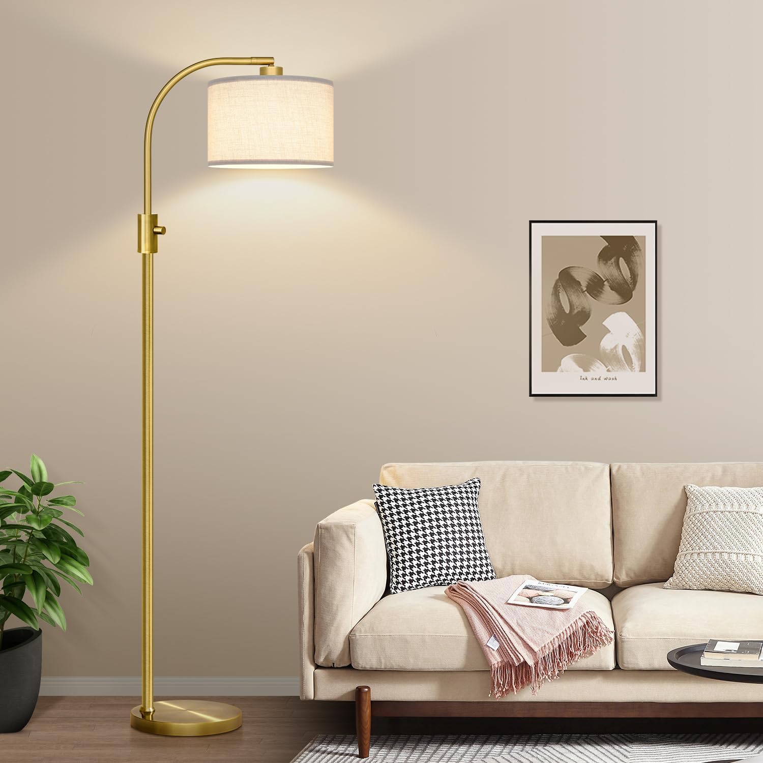 Nintiue Upgraded Modern Arc Dimmable Tall Standing Floor Lamp with Linen Shade, 1200 Lumens LED Bulb Included, for Living & Reading Room…