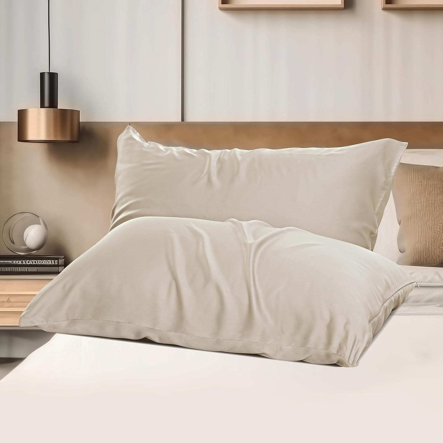 ShunjieHome 4 Pack Bamboo Viscose Pillow Protectors Queen Size, 400 Thread Count Cooling Zippered Pillowcases for Hot Sleepers & Night Swea…